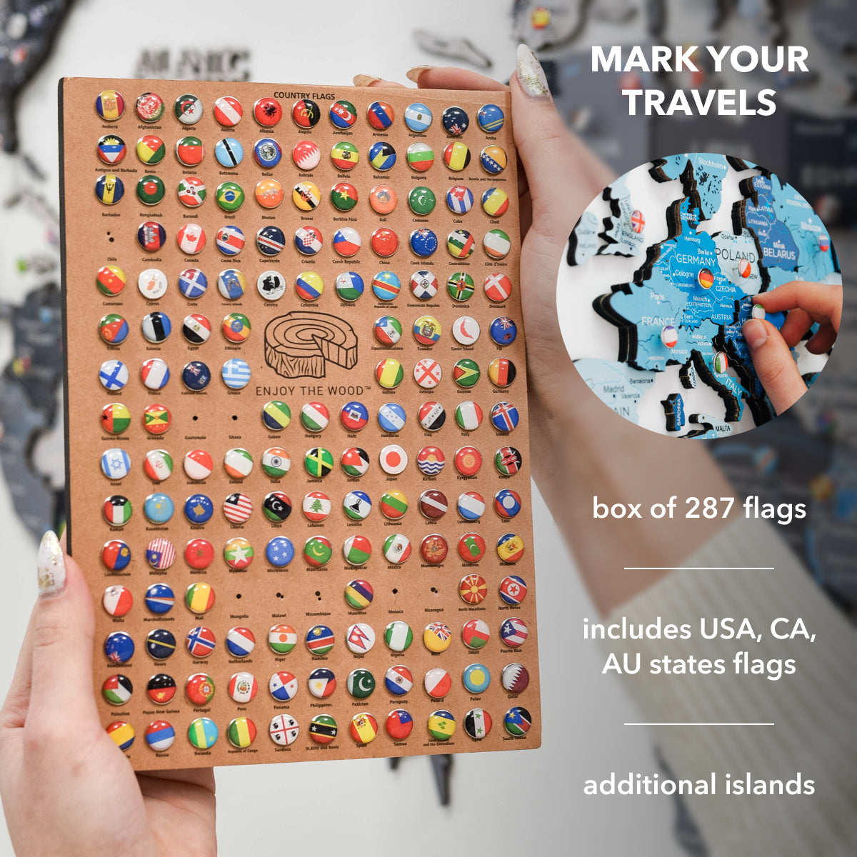 Box of 287 world flags with a person holding a map in the corner.