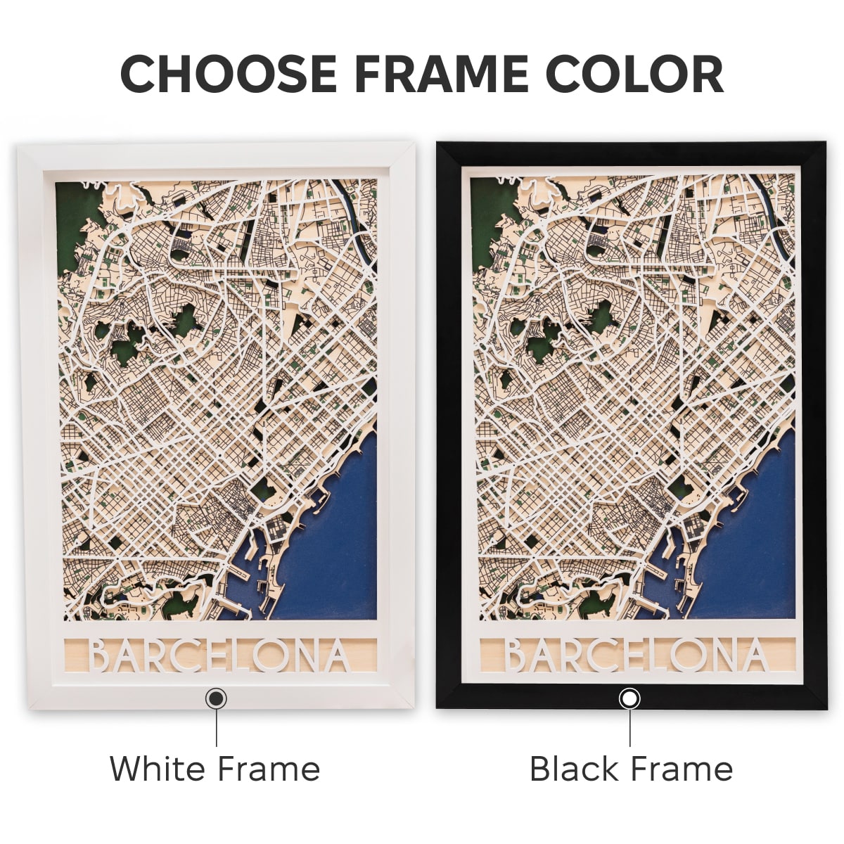 Two framed maps of Barcelona with white and black frames.