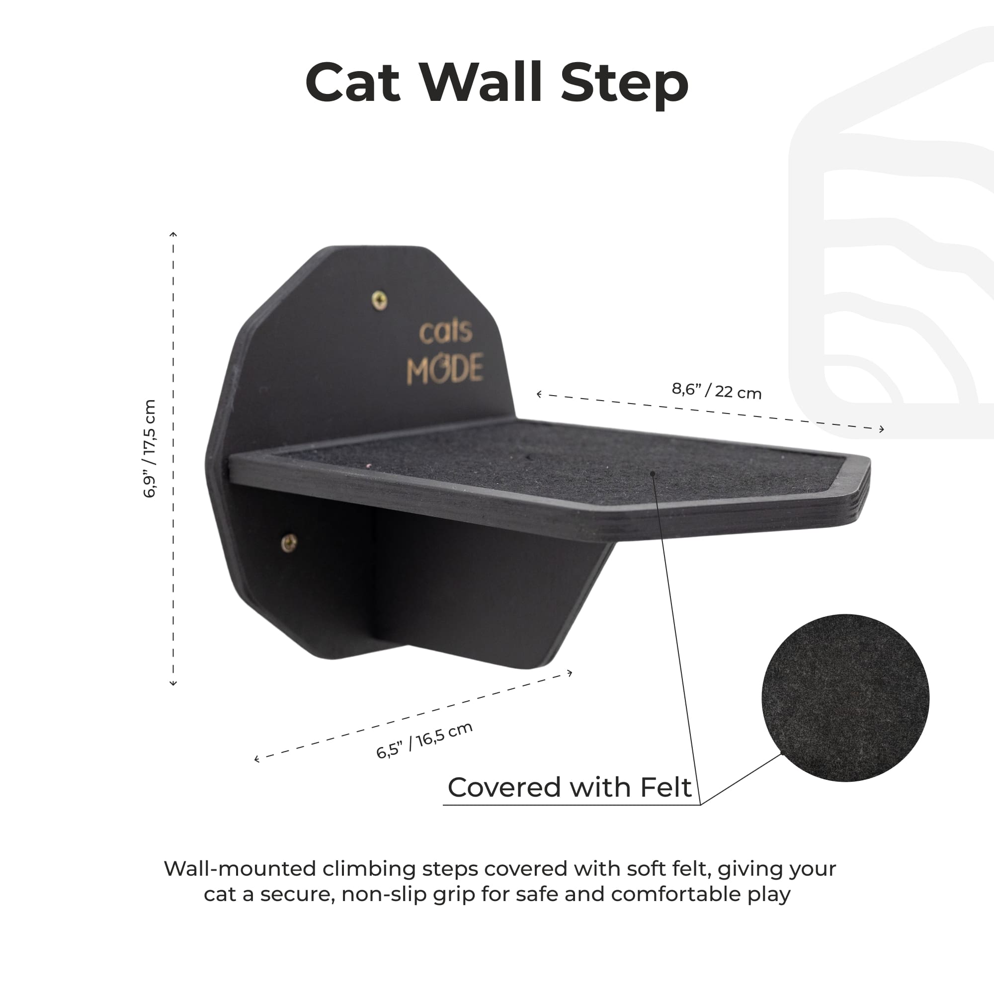 Cat wall step with dimensions and features on a white background