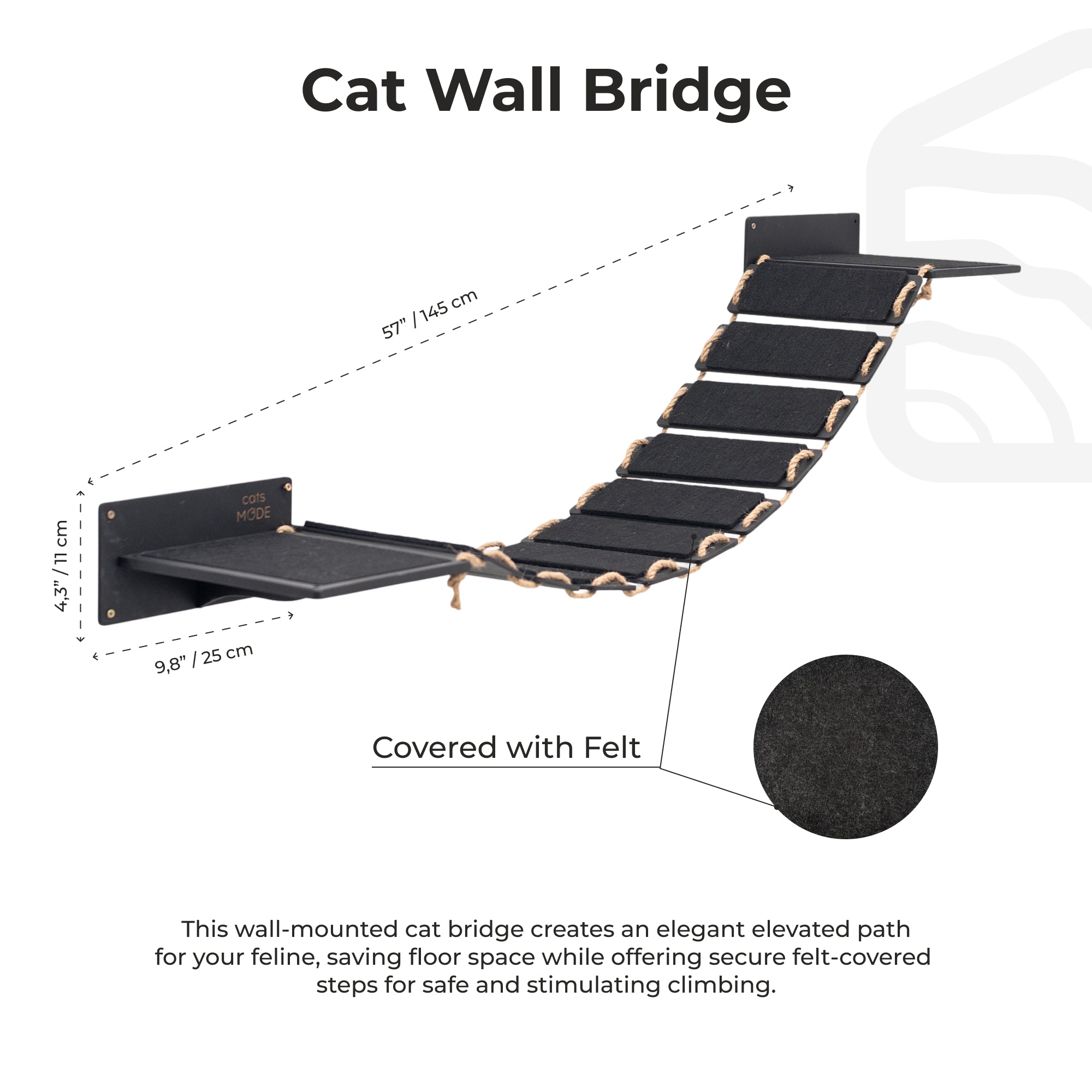 Cat wall bridge with dimensions and felt coverage details on a white background