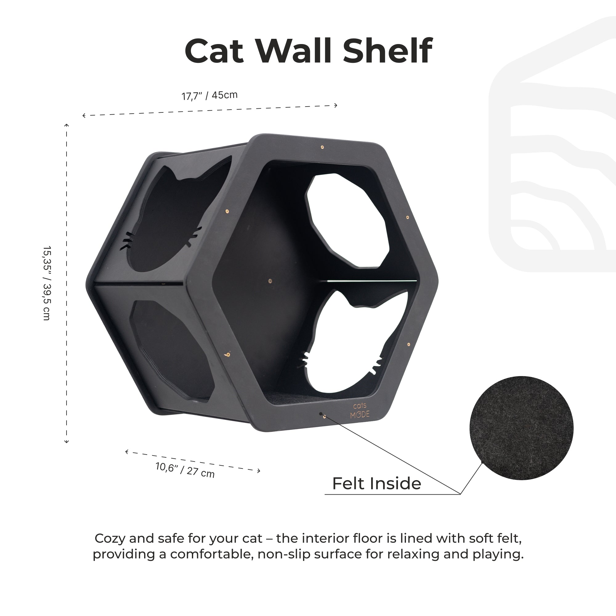 Cat wall shelf with dimensions and features on a white background