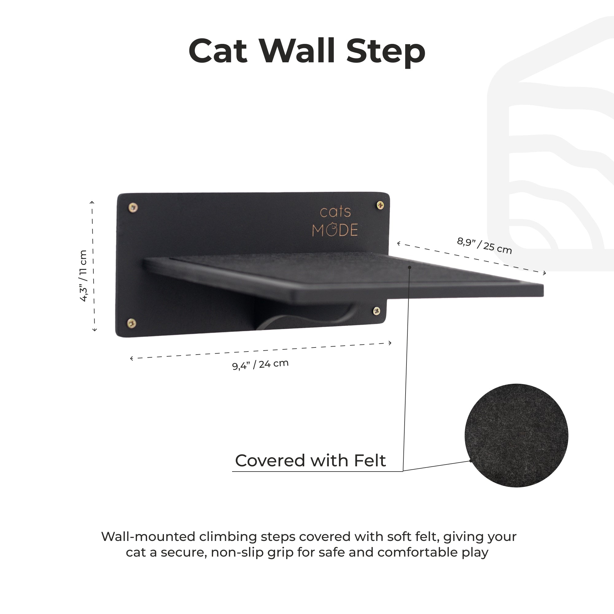 Black cat wall step with dimensions and material details on a white background