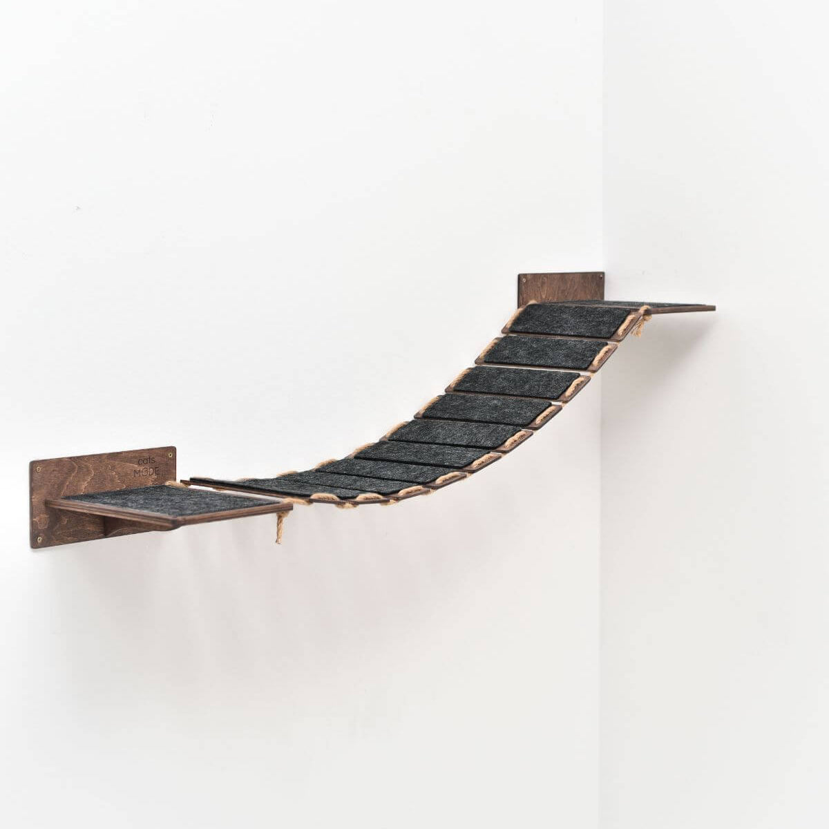 wood cat bridge and walk in dark walnut color covered with black felt