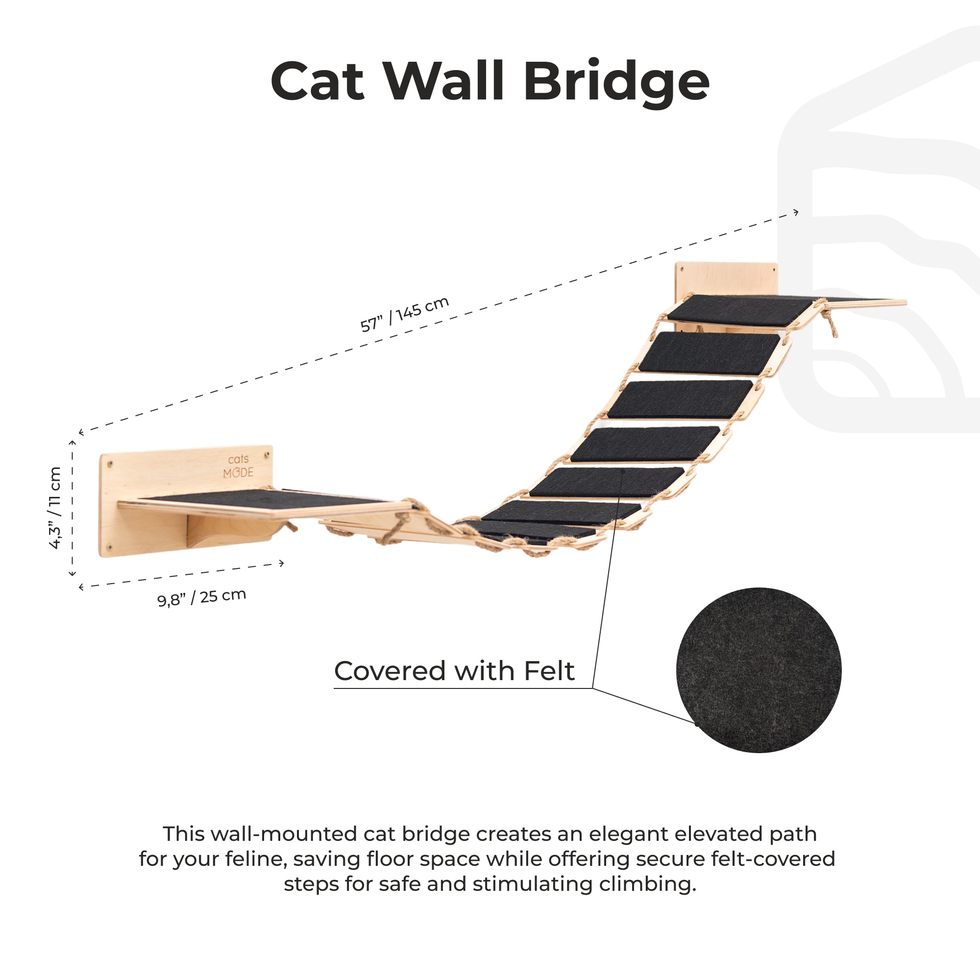 Cat wall bridge with dimensions and features on a white background