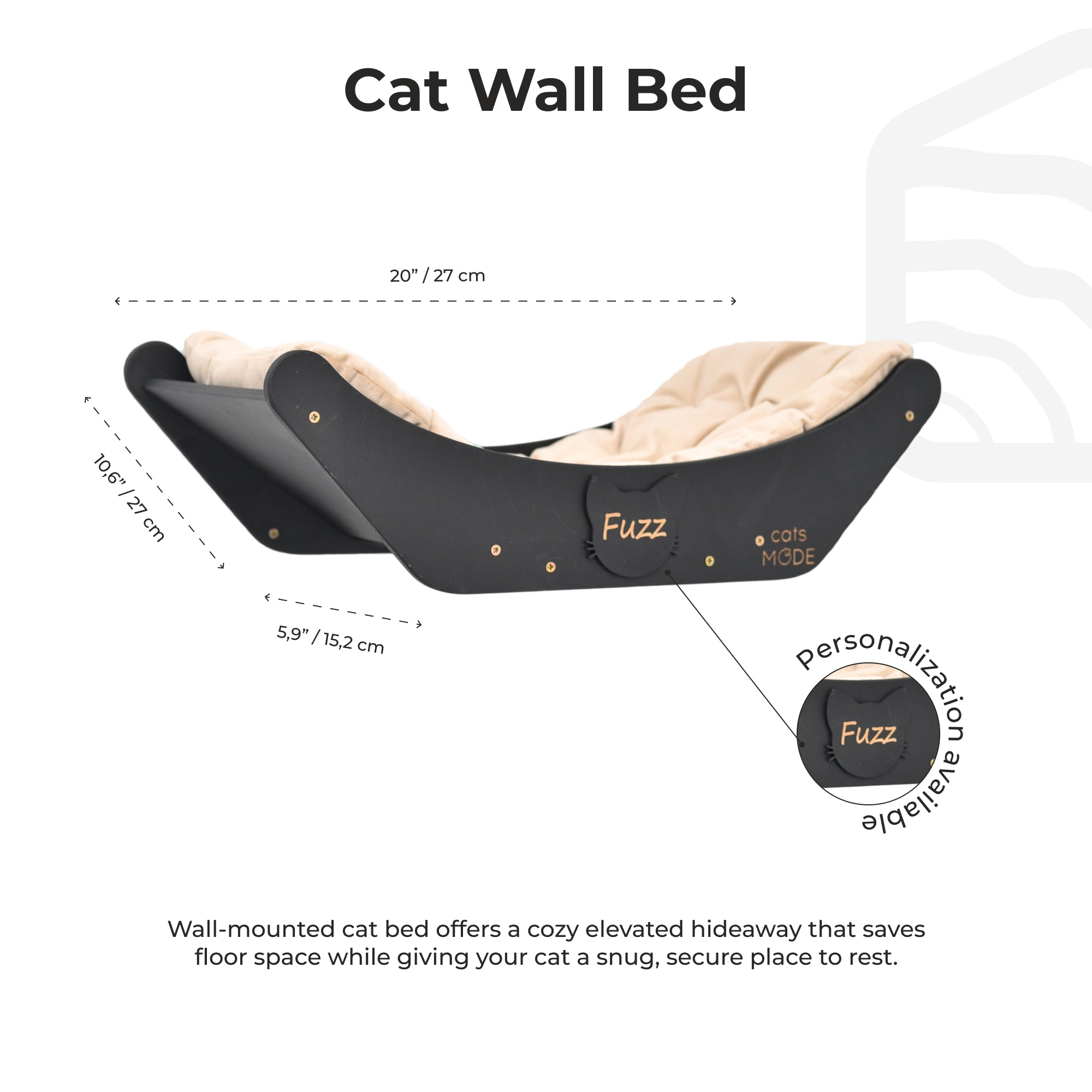 Cat wall bed with dimensions and Fuzz branding on a white background