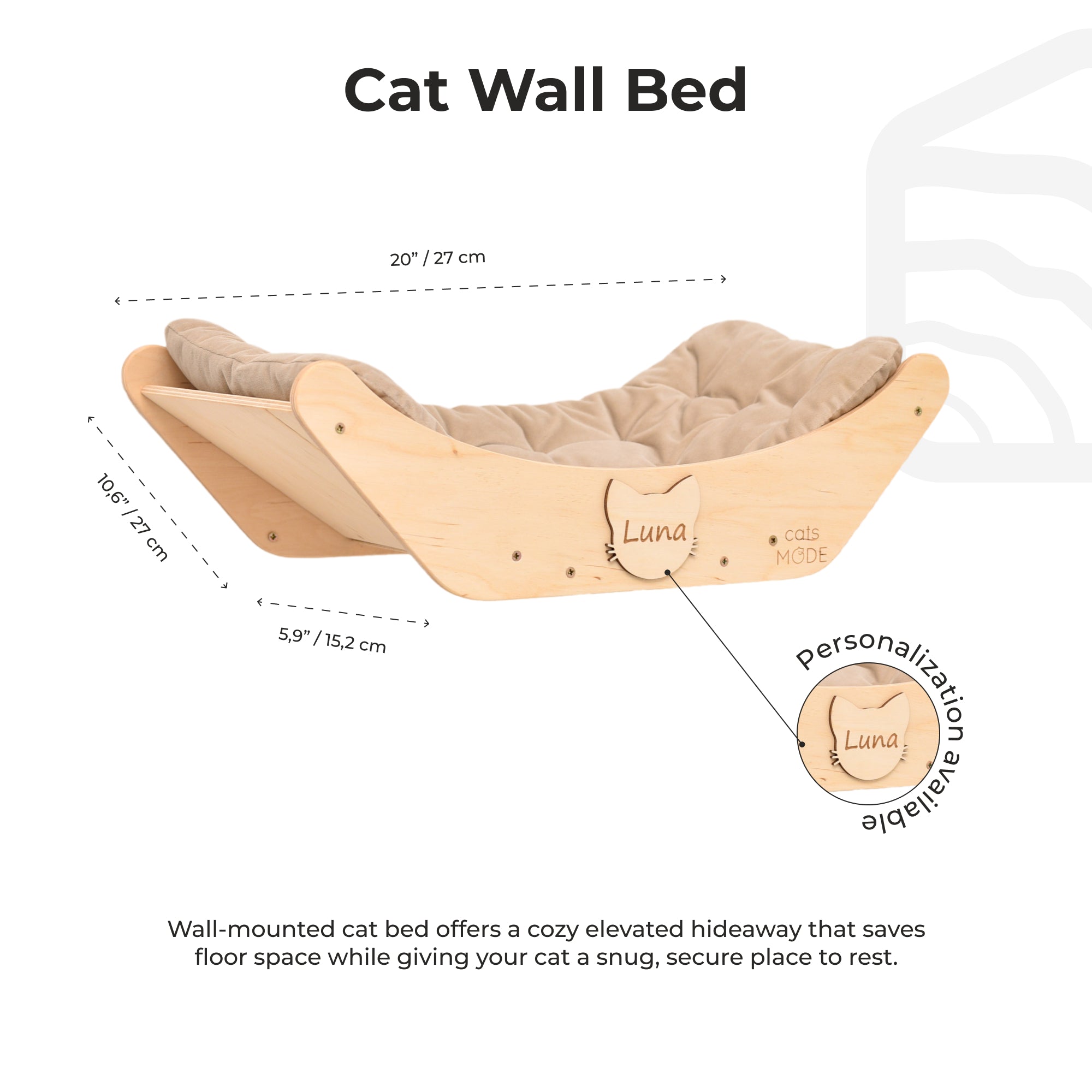 Cat wall bed with dimensions and customization options on a white background