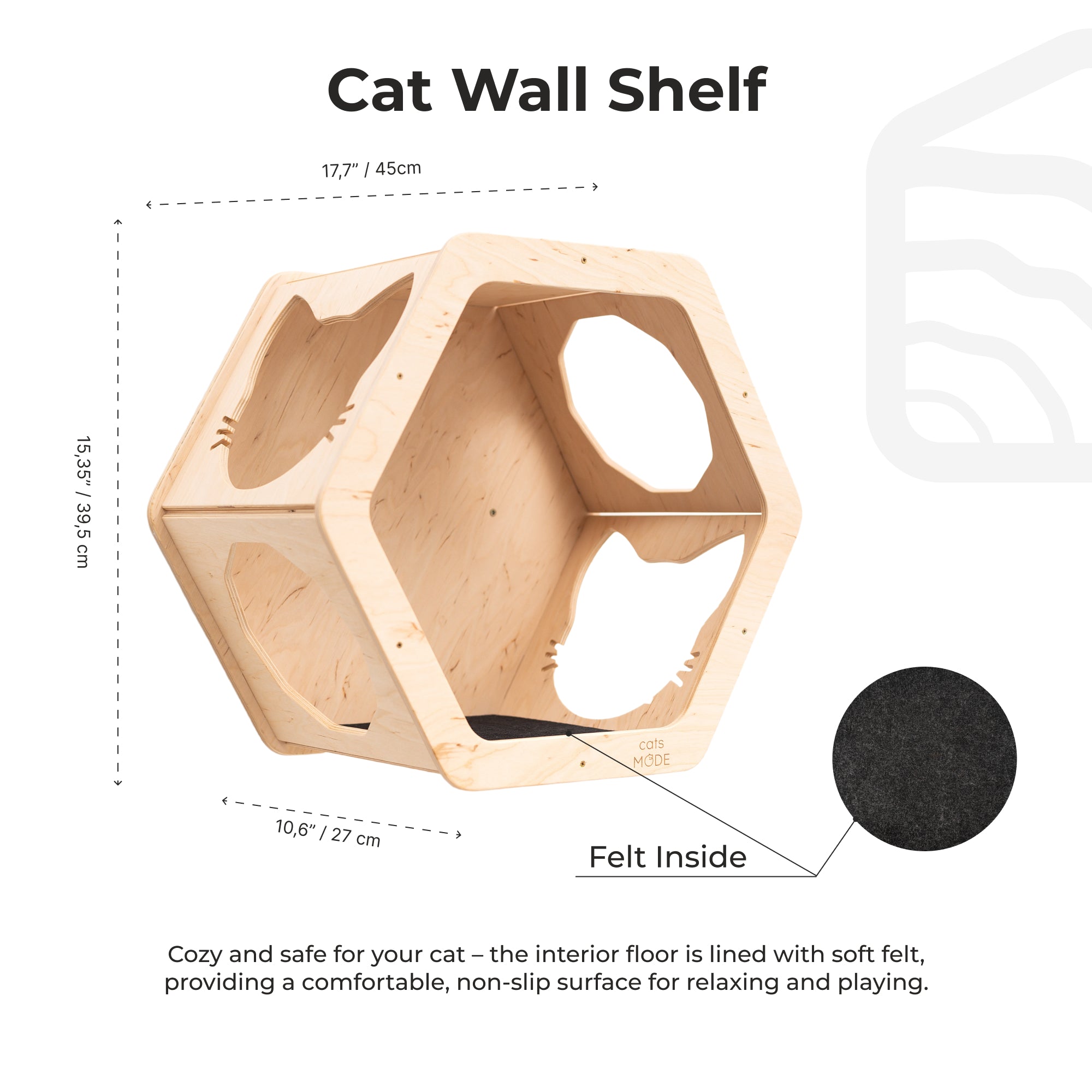 Wooden cat wall shelf with dimensions and felt lining information on a white background