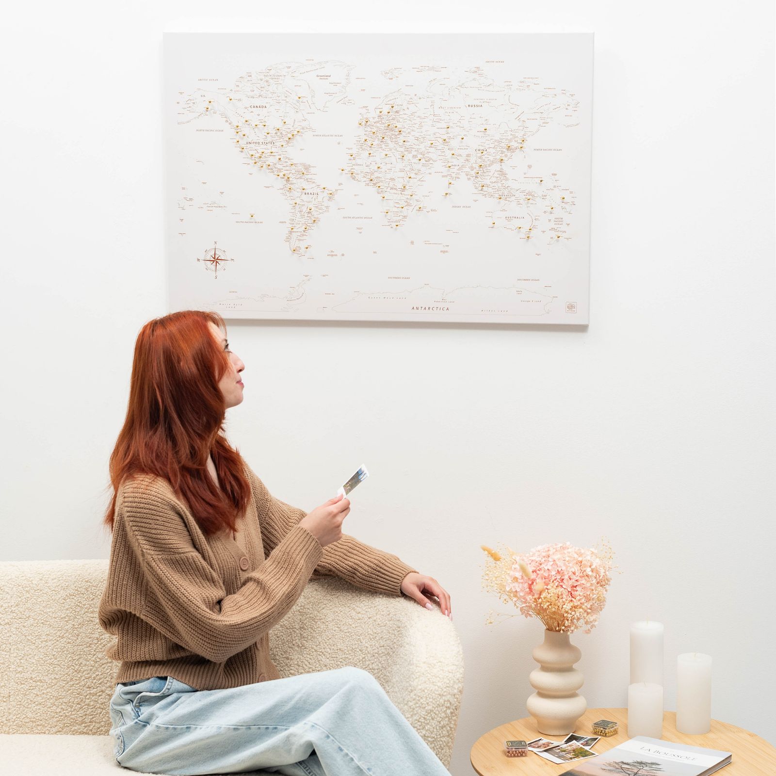 Mapa del mundo sobre lienzo - Beige