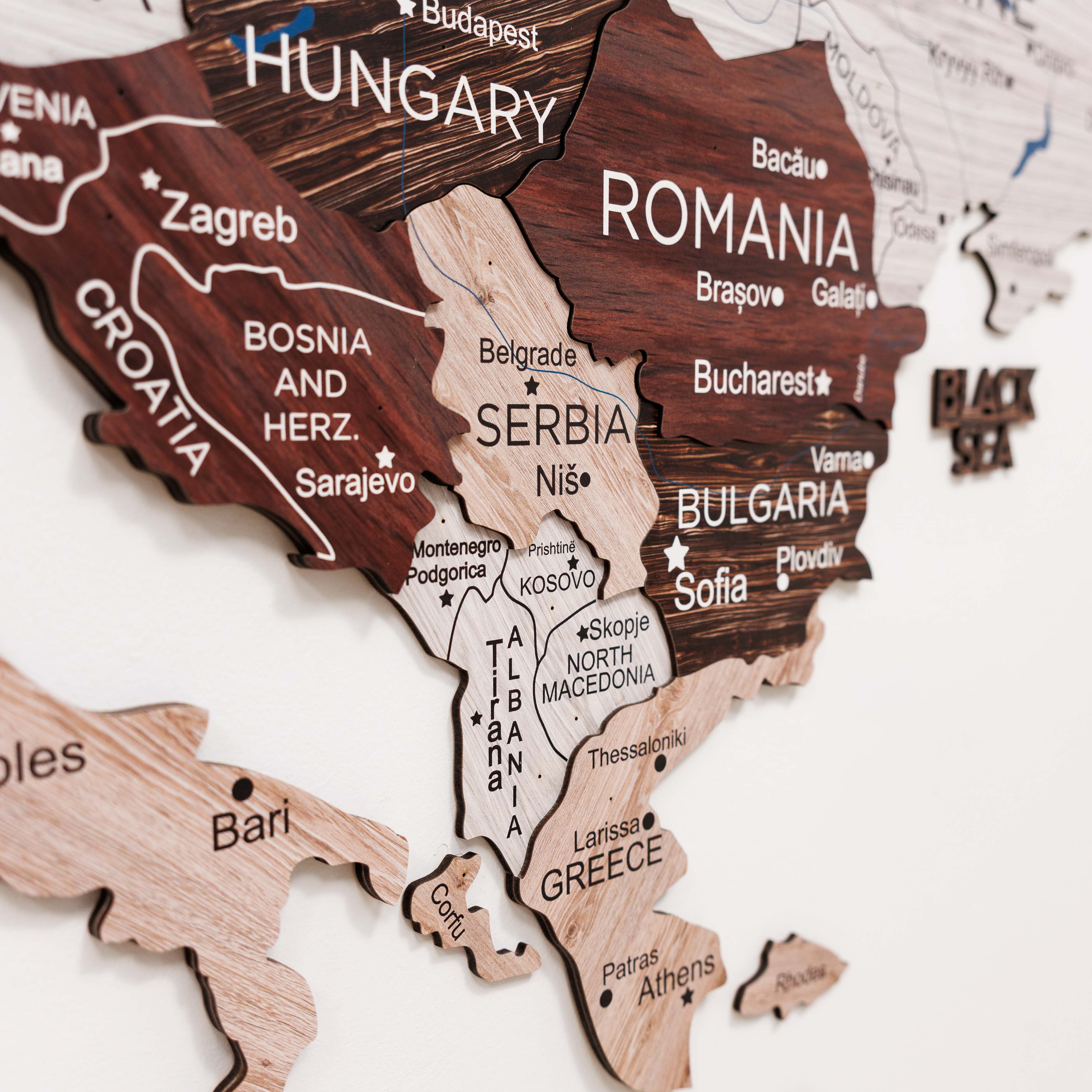 Wooden map of Europe with countries labeled
