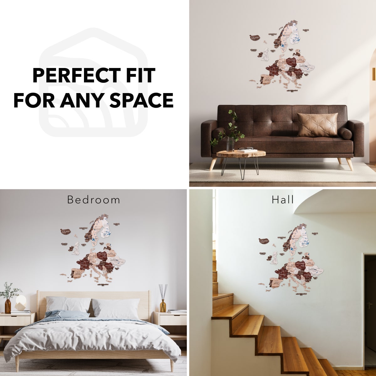 Wall decal with floral design in various rooms labeled 'Perfect Fit for Any Space'.