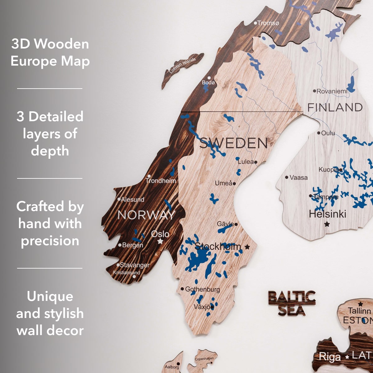 3D wooden Europe map with detailed layers on a light gray background