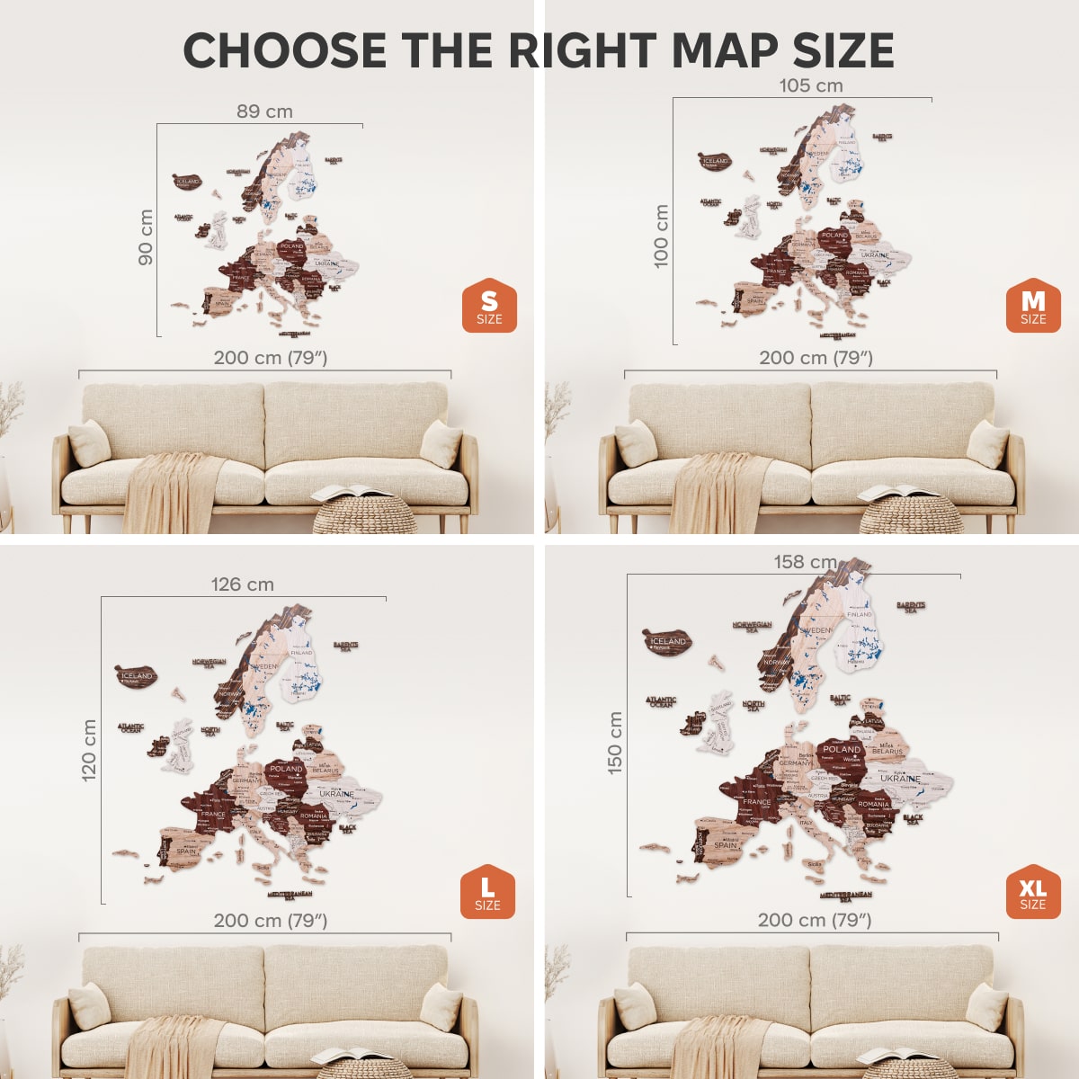 Map size selection guide with different map sizes displayed on a sofa.