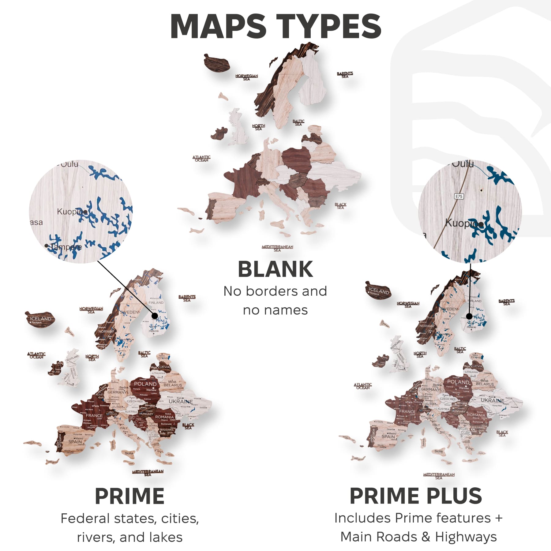 Comparison of different map types with labels on a white background