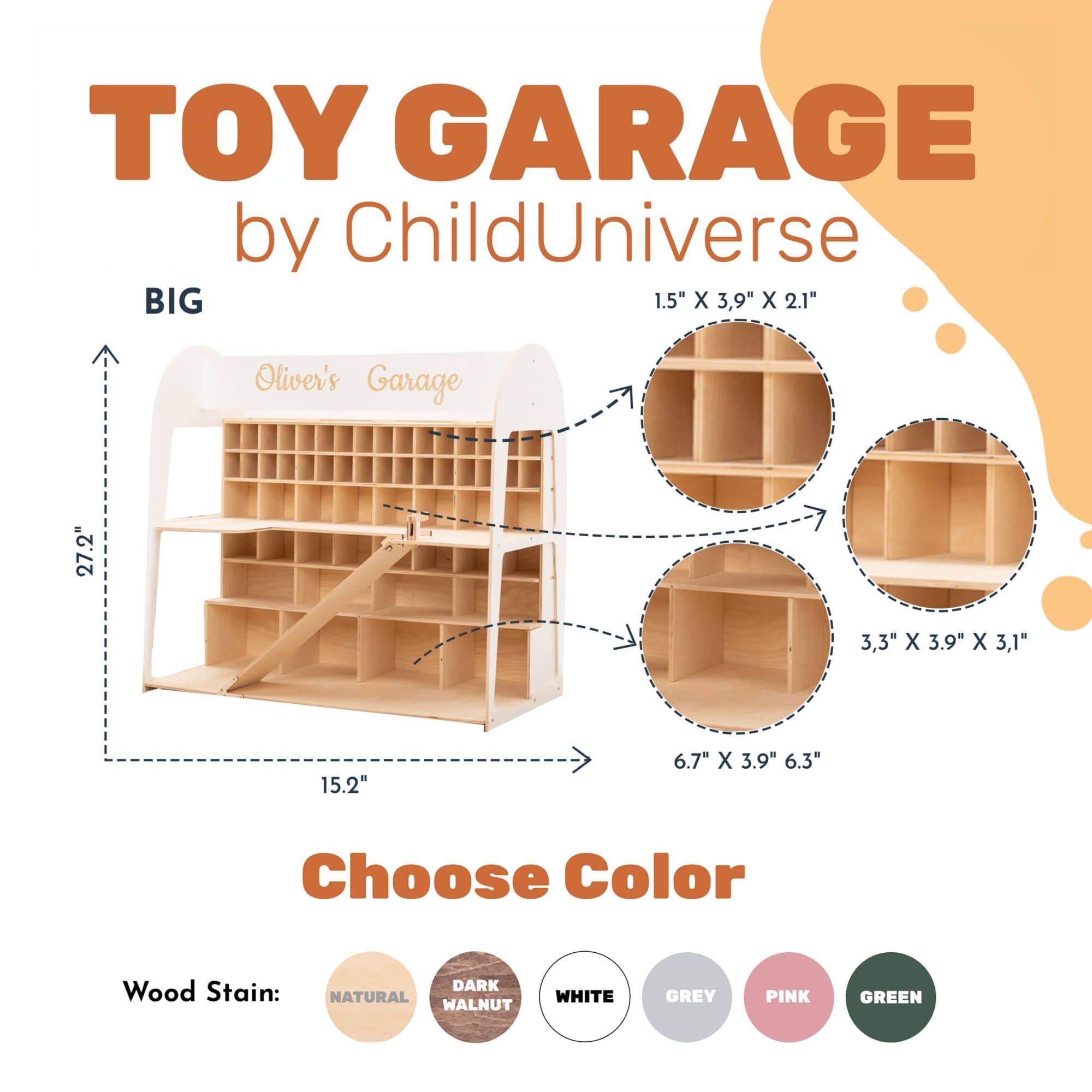 Wooden toy storage shelf for cars with multiple parking slots