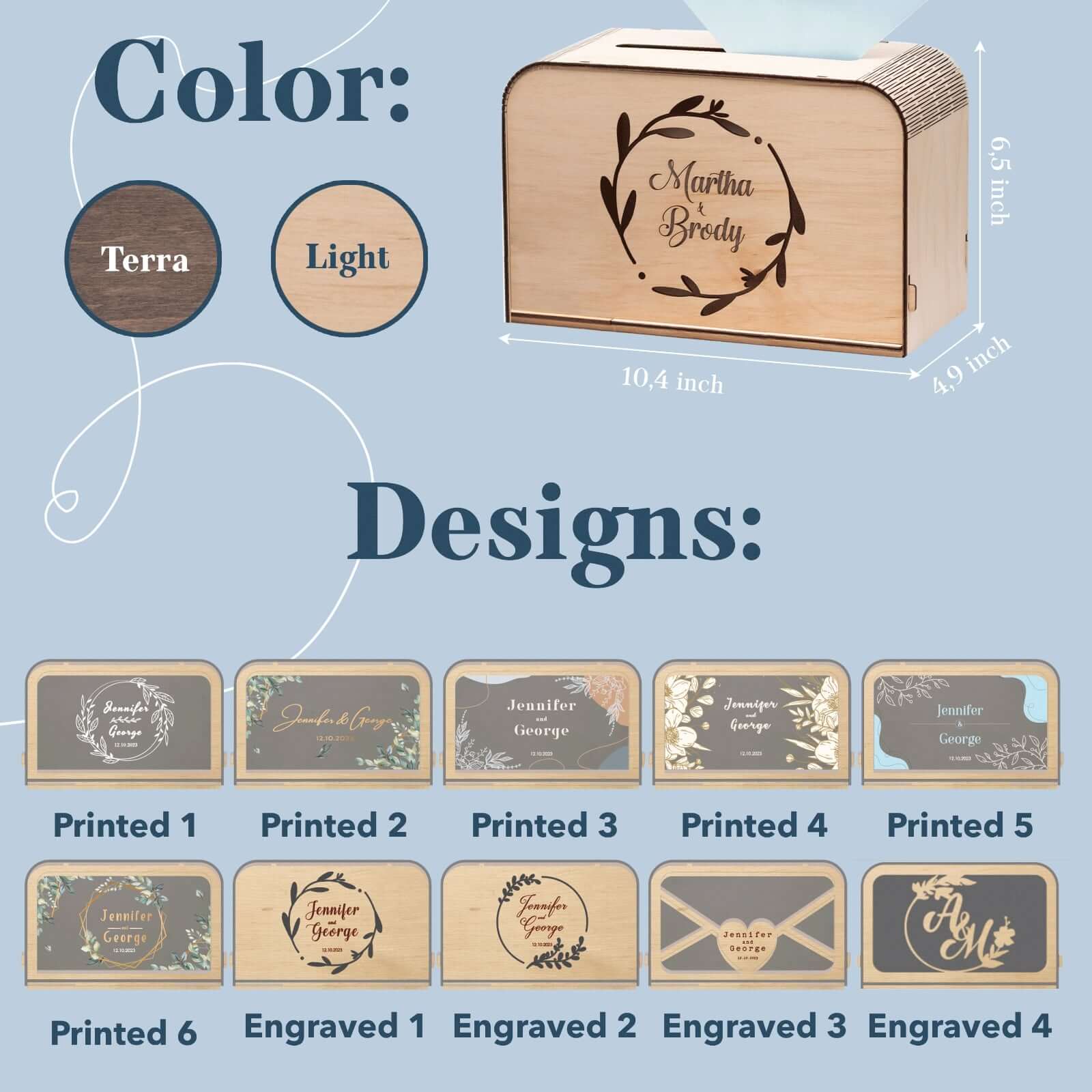 Design options display for customizable engraved wedding card boxes
