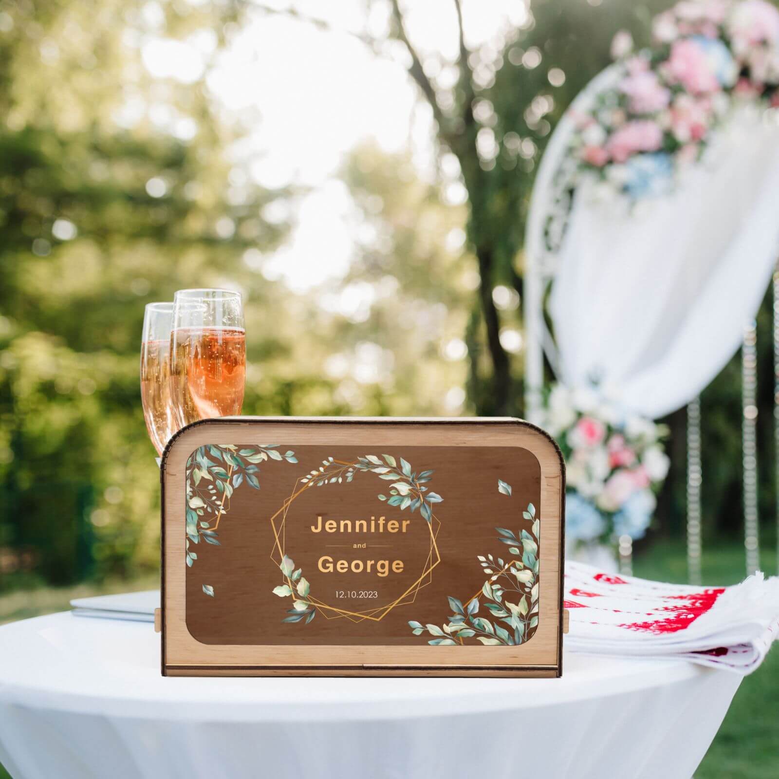 Personalized floral printed wedding card box with custom names