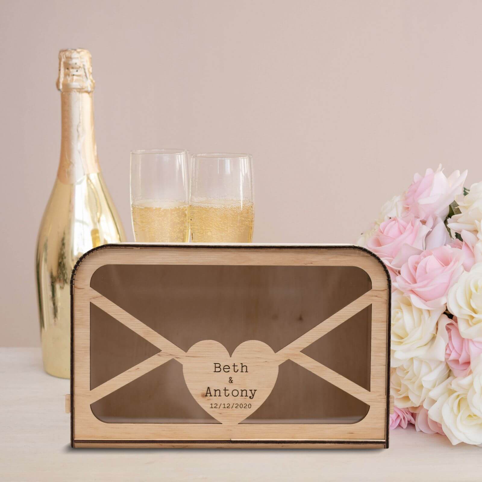 Personalized wooden wedding card box with engraved heart window