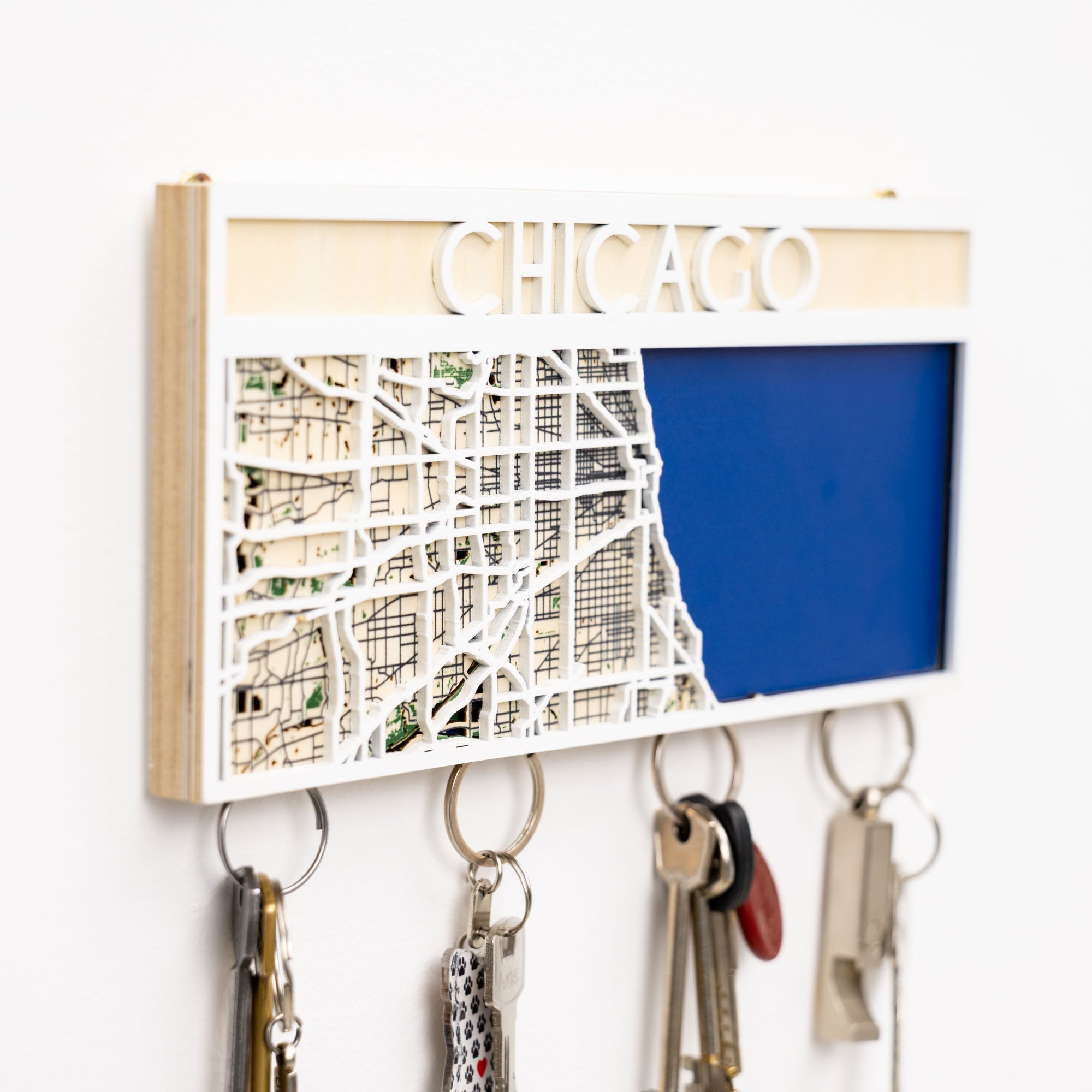 Key holder with a map design of Chicago on a white background