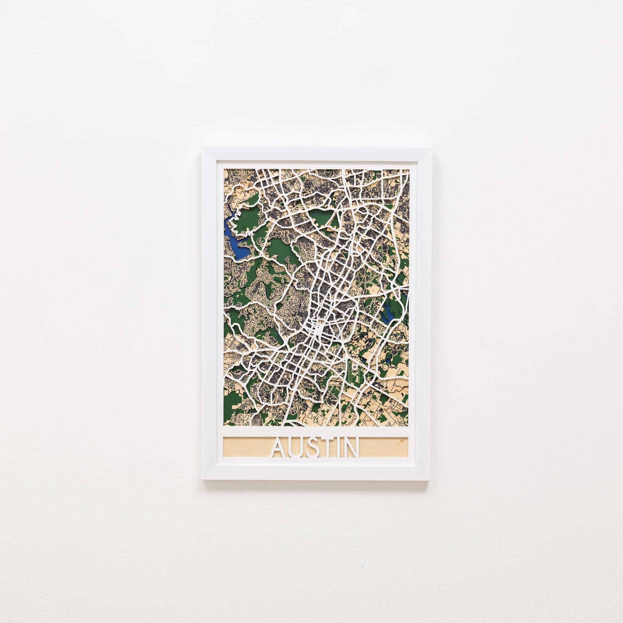 Framed map of Austin on a white background