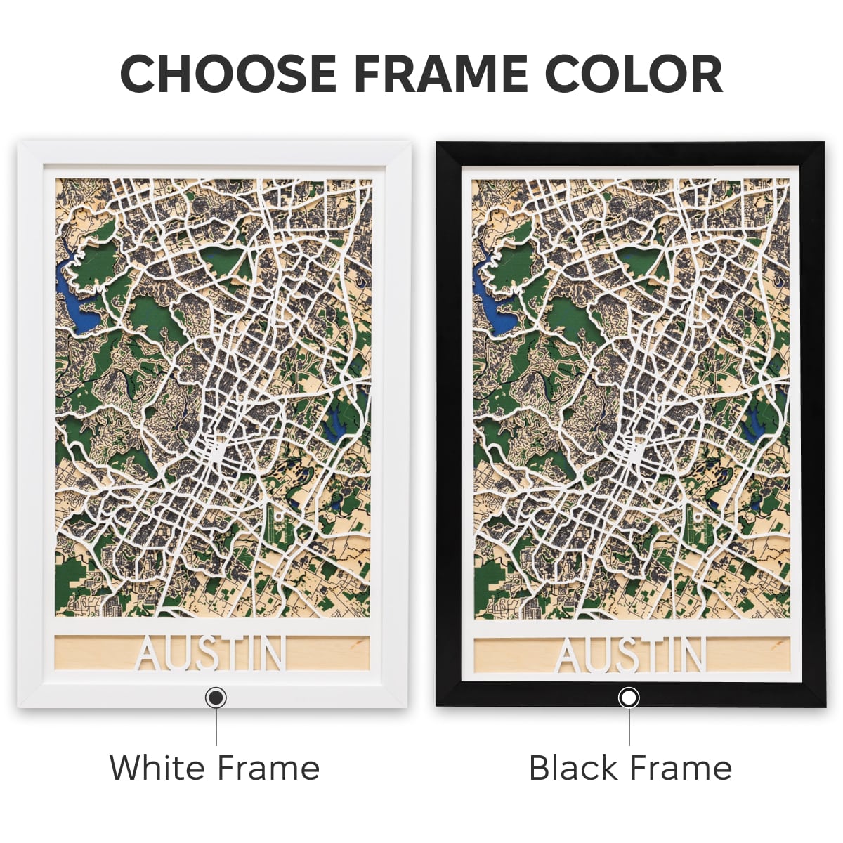 Two framed maps of Austin, one with a white frame and the other with a black frame.