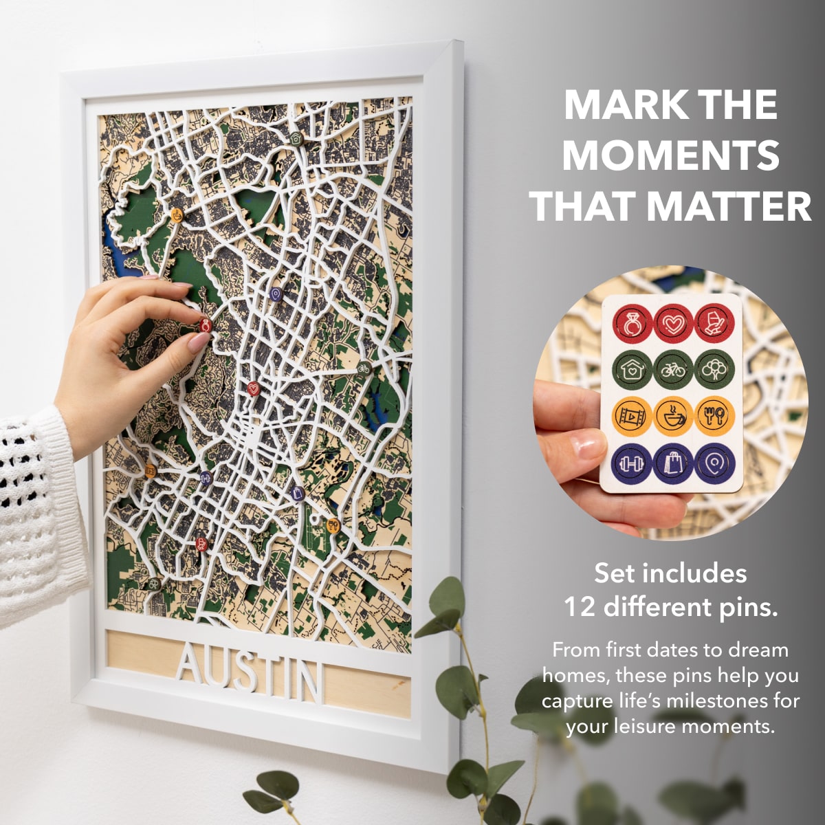 Map of Austin with decorative pins and a set of additional pins on a white background.