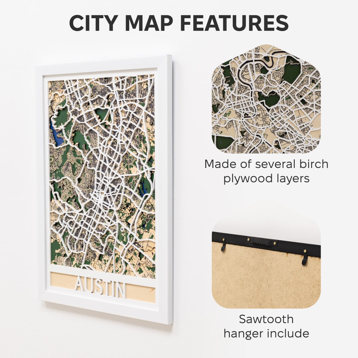 City map with features listed on a white background