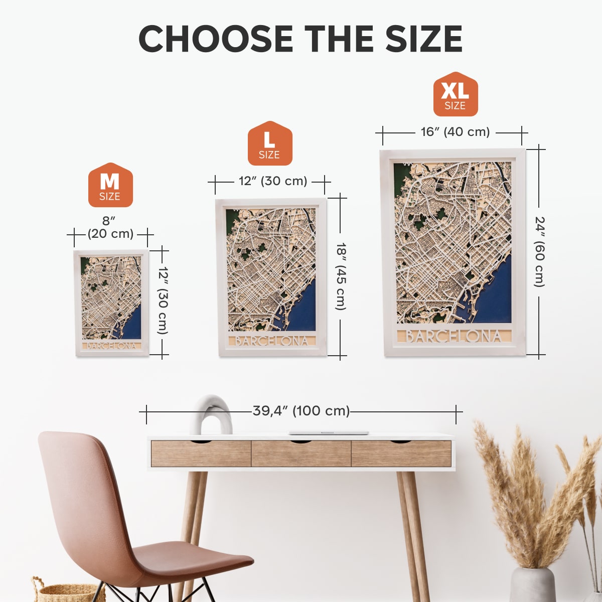 Size chart for framed map art with dimensions and a desk and chair in the background.