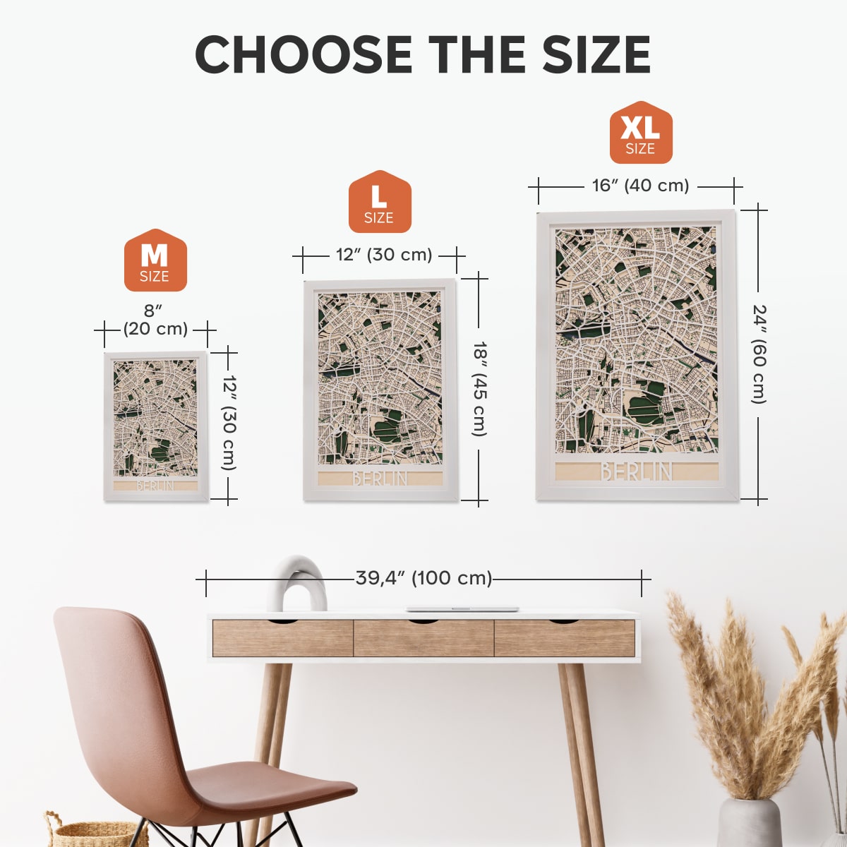Size chart for wall art prints with dimensions and a desk and chair in the background.