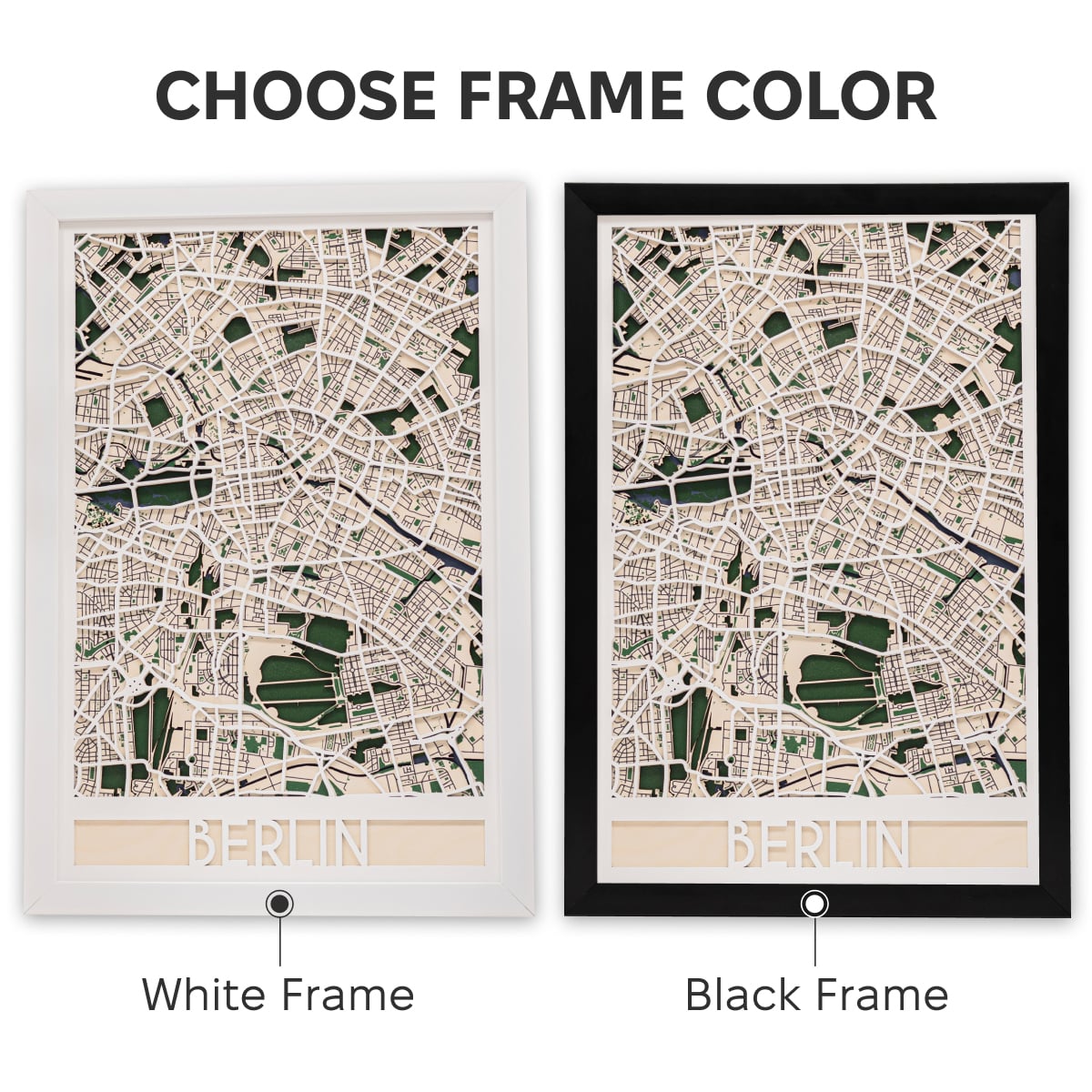 Two framed maps of Berlin with white and black frames.