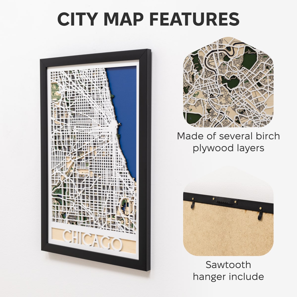 City map of Chicago with a sawtooth hanger on a white background