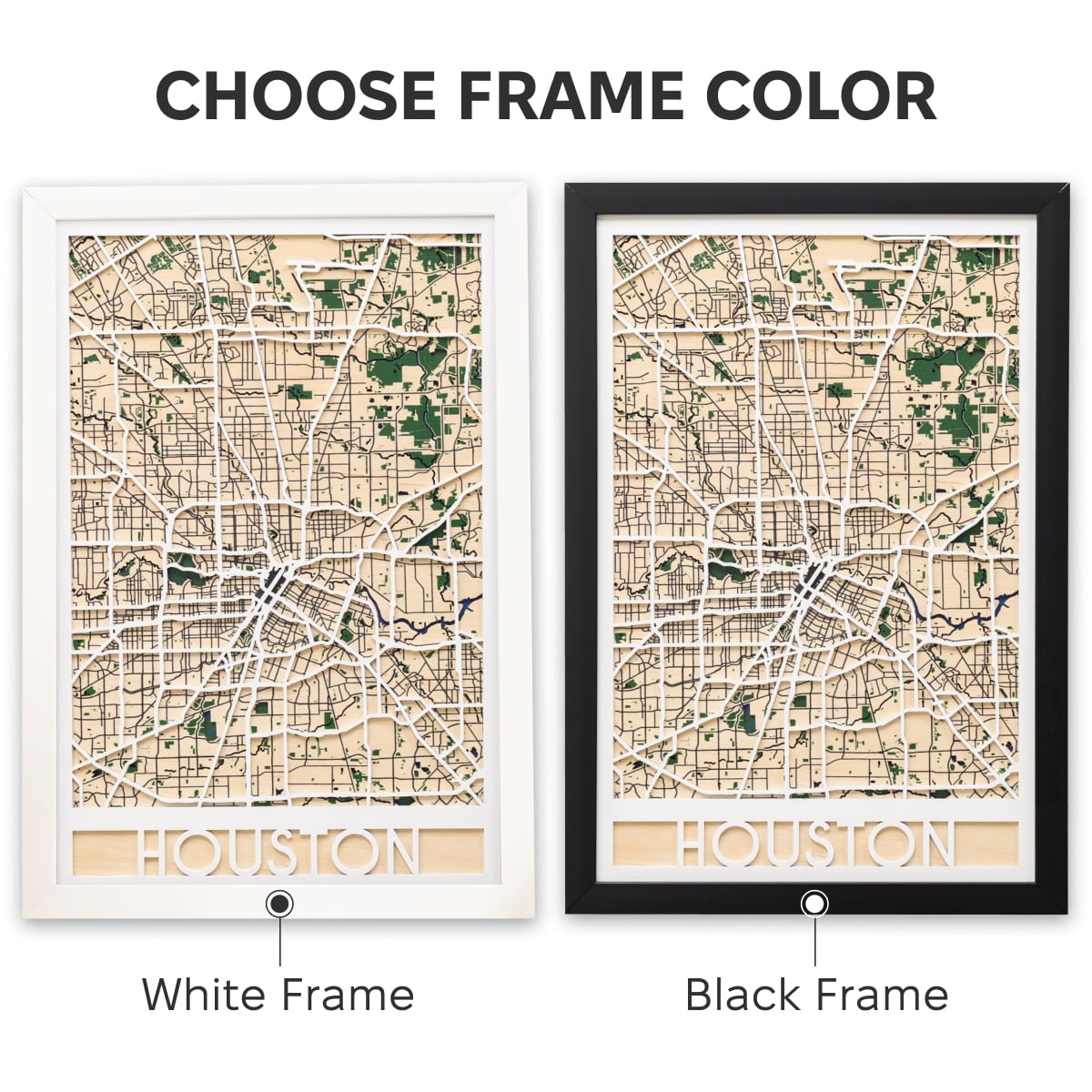 Two framed maps of Houston, one with a white frame and one with a black frame.