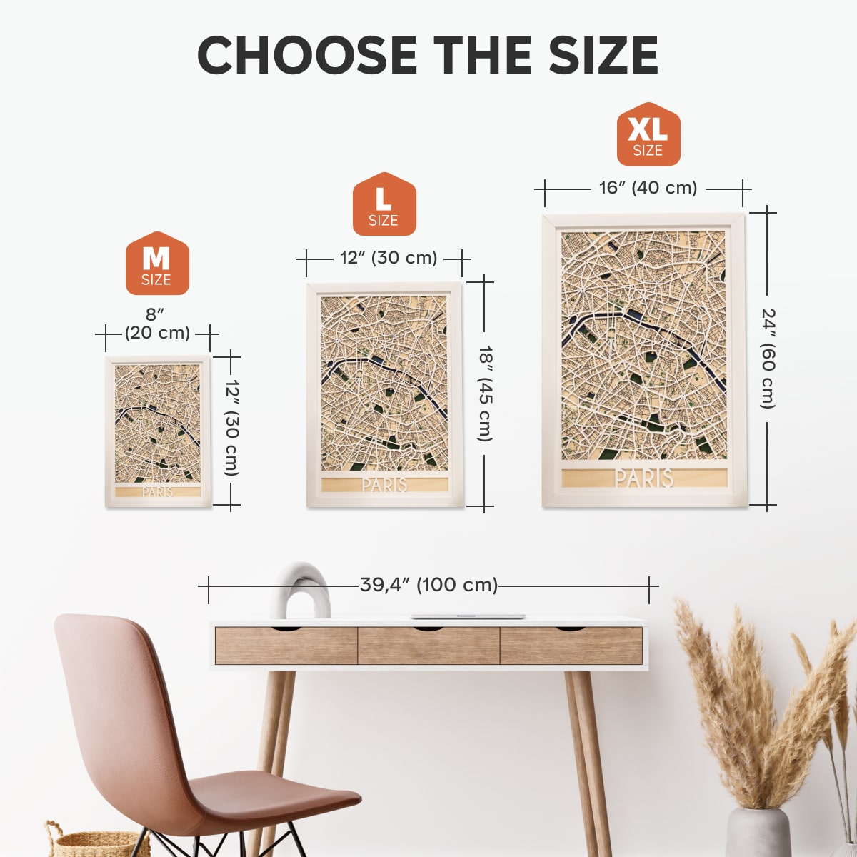 Size chart for wall art prints with dimensions and a desk and chair in the background.