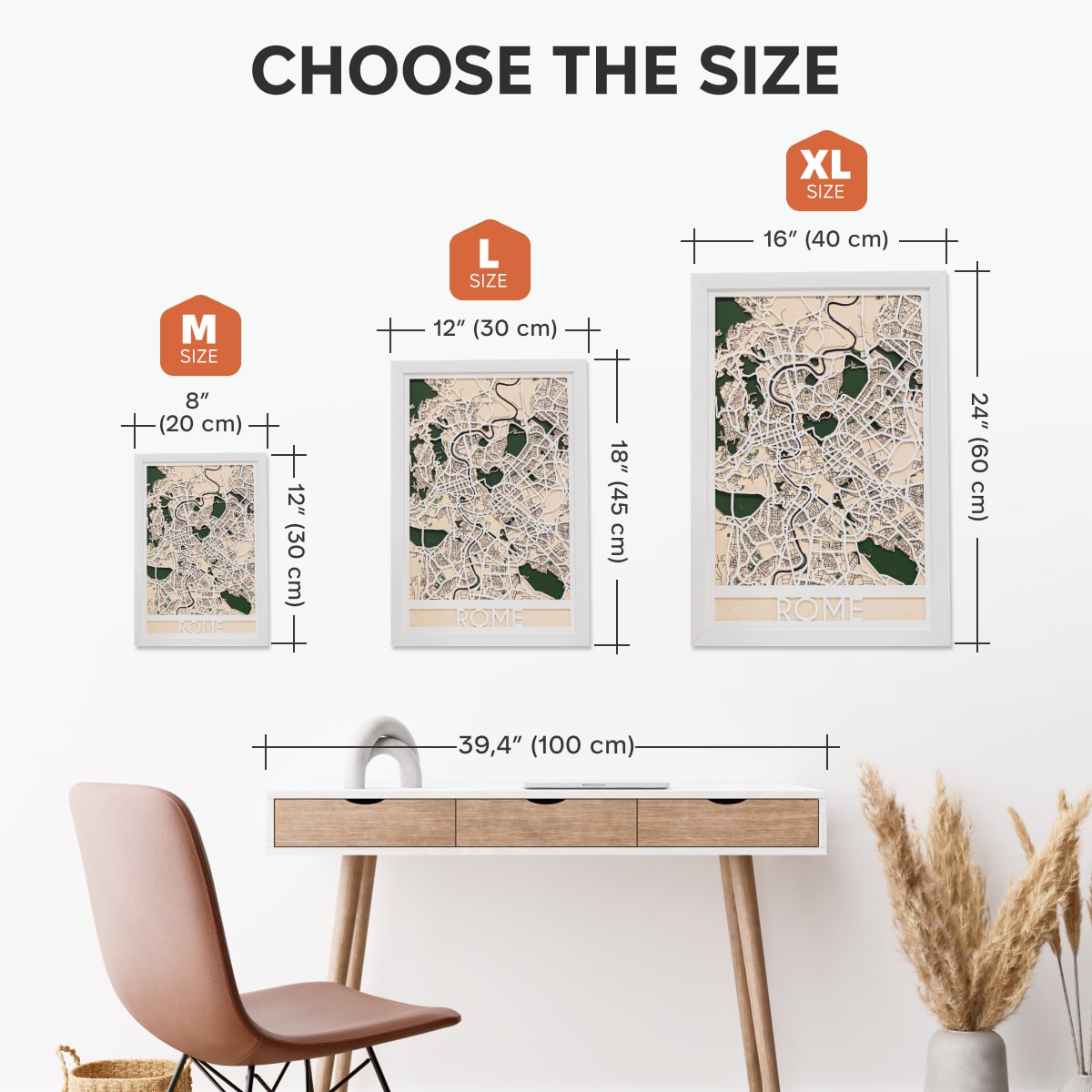 Size chart for framed maps with a desk and chair in the background