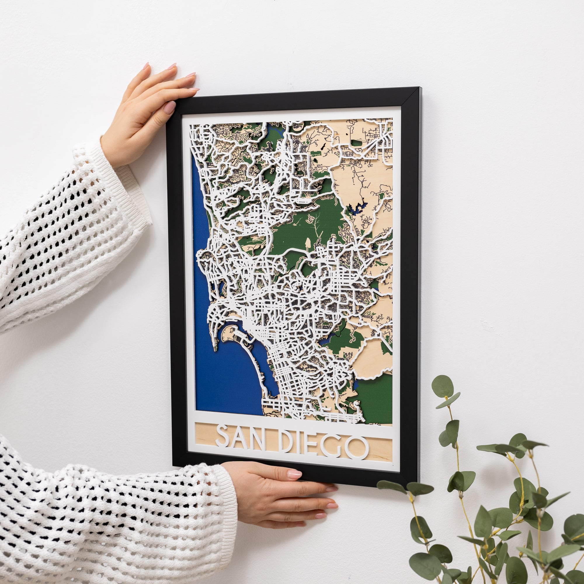 Framed map of San Diego held by a person on a white surface with a plant in the corner.