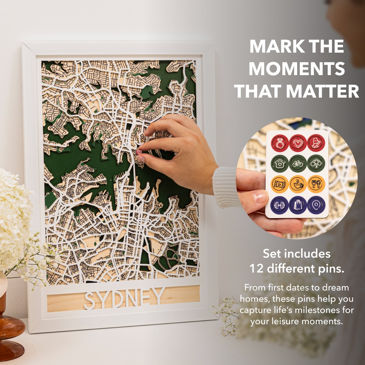 Sydney map with decorative pins and icons on a white background