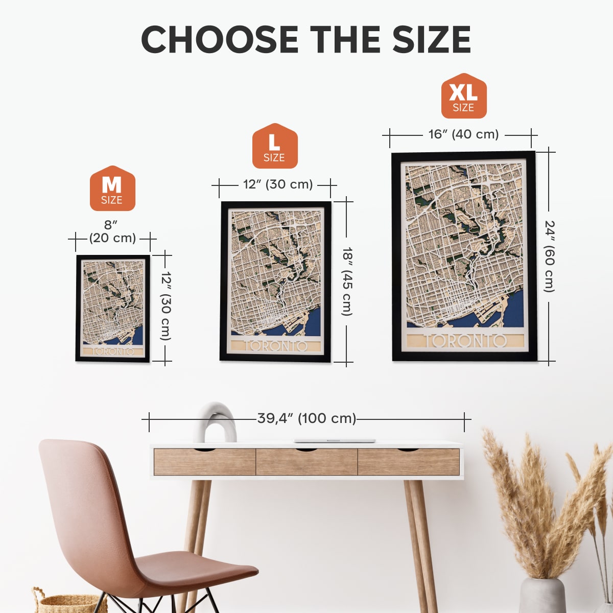 Size chart for framed maps with dimensions labeled on a white background.