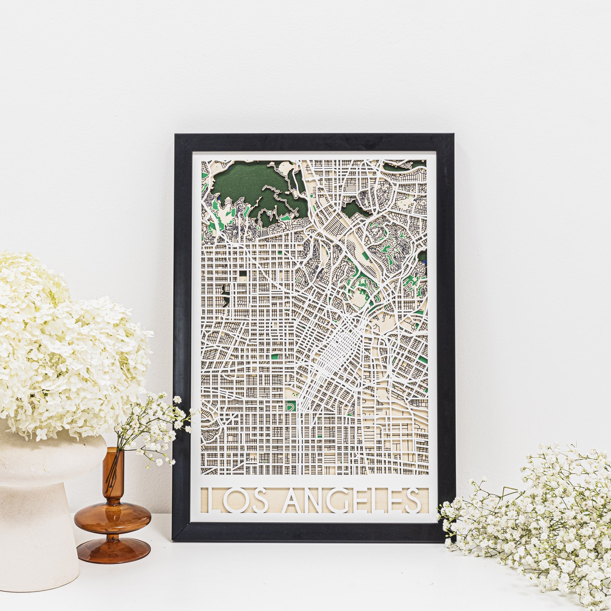 Framed map of Los Angeles on a white wall with decorative plants.