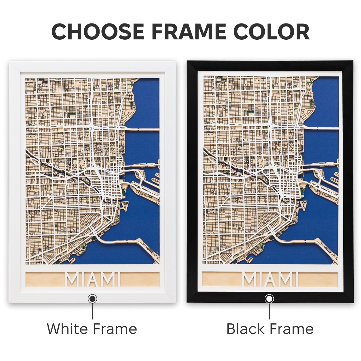 Two framed maps of Miami with white and black frames on a white background.