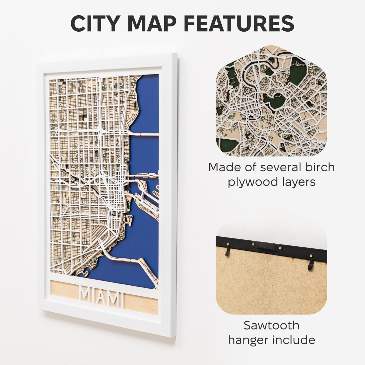 City map wall art with features highlighted on a white background