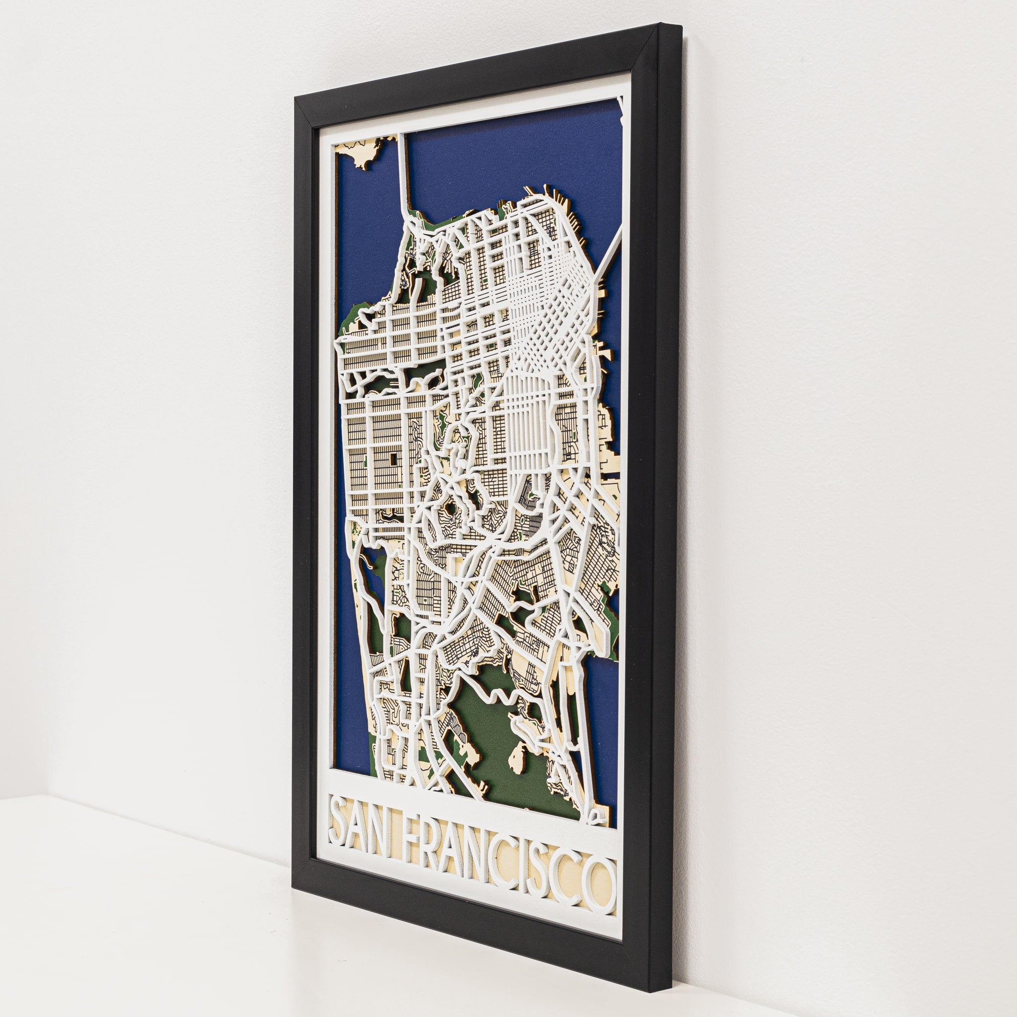 Framed 3D city map of San Francisco on a white wall