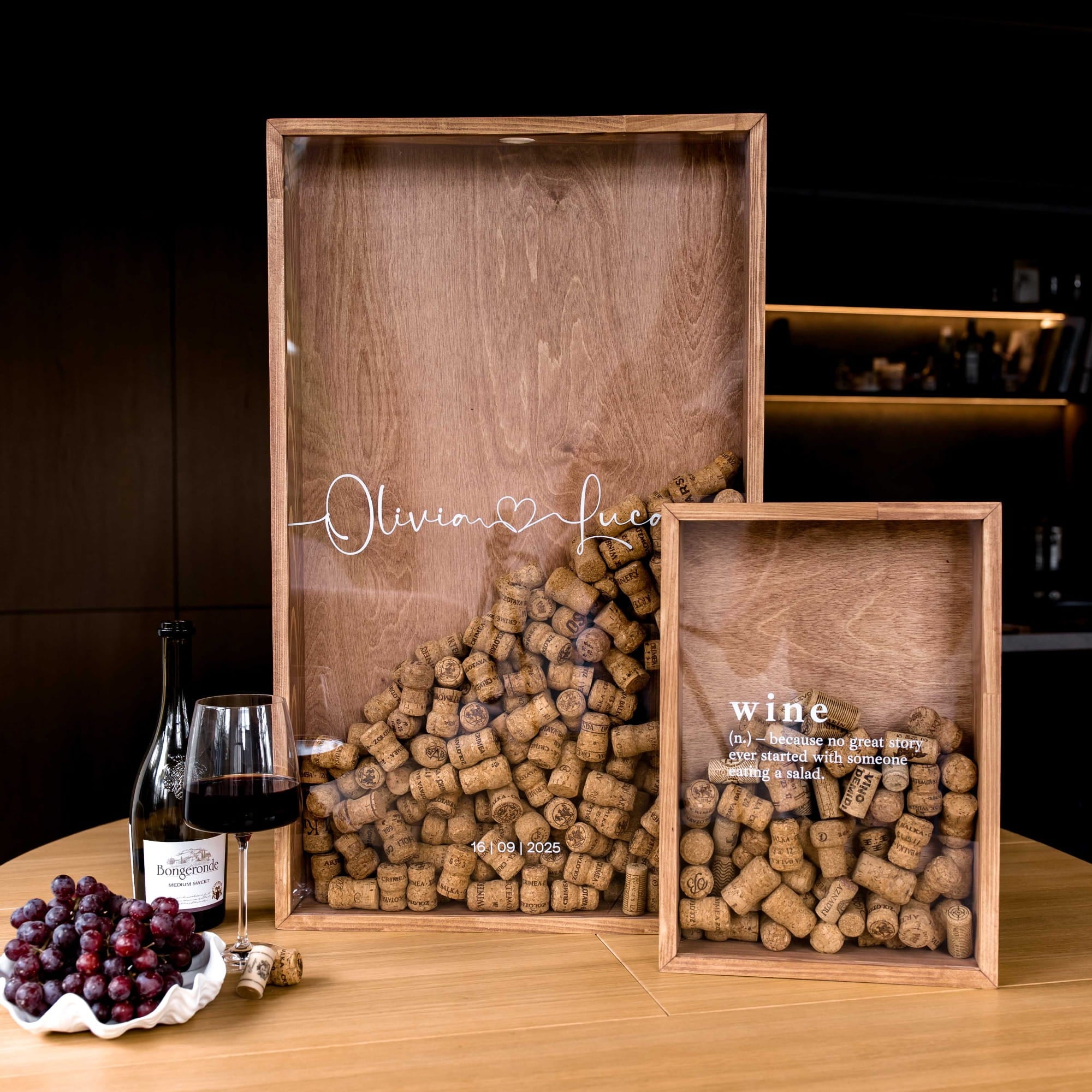 Two wooden wine corks bins