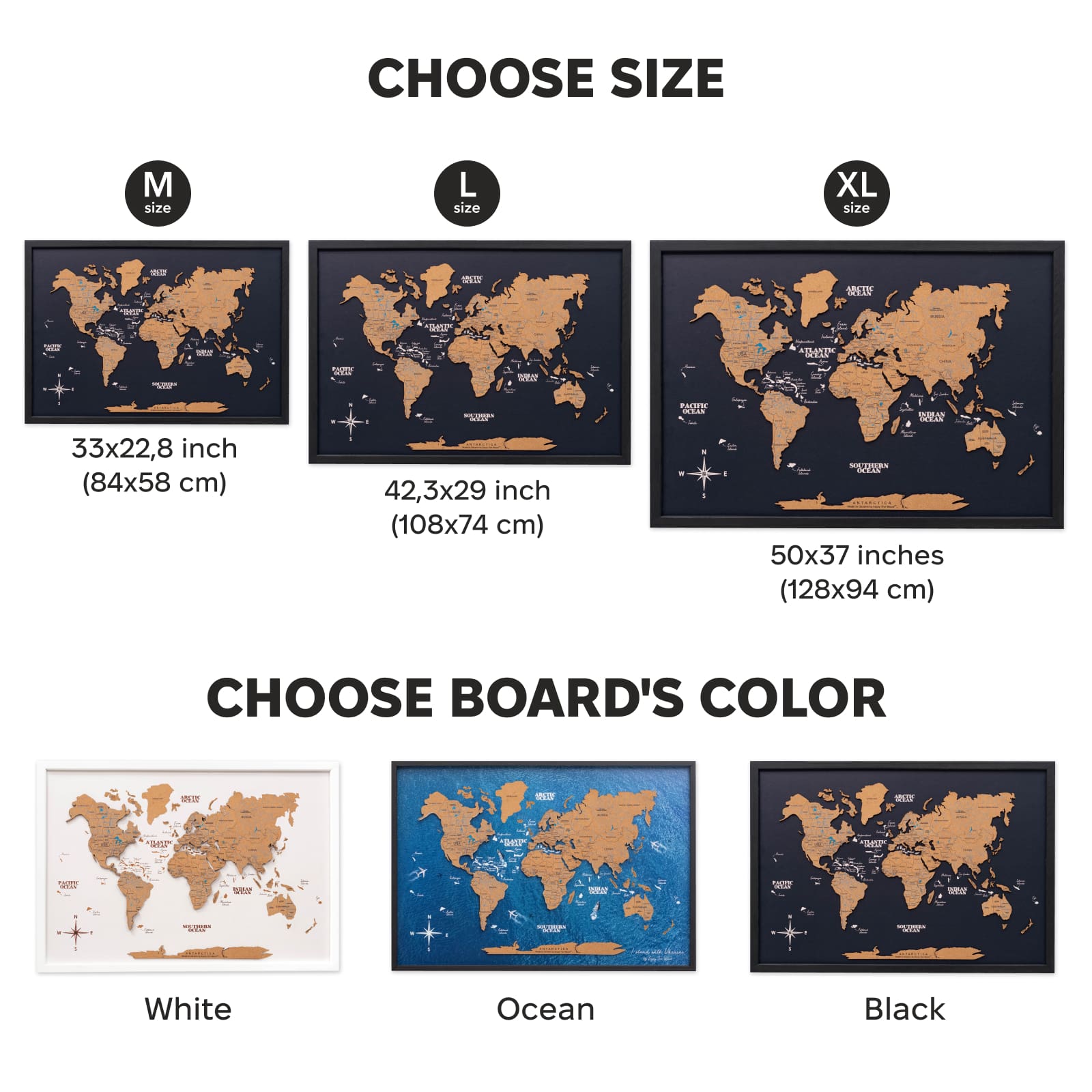 World map with size and color options displayed on a white background