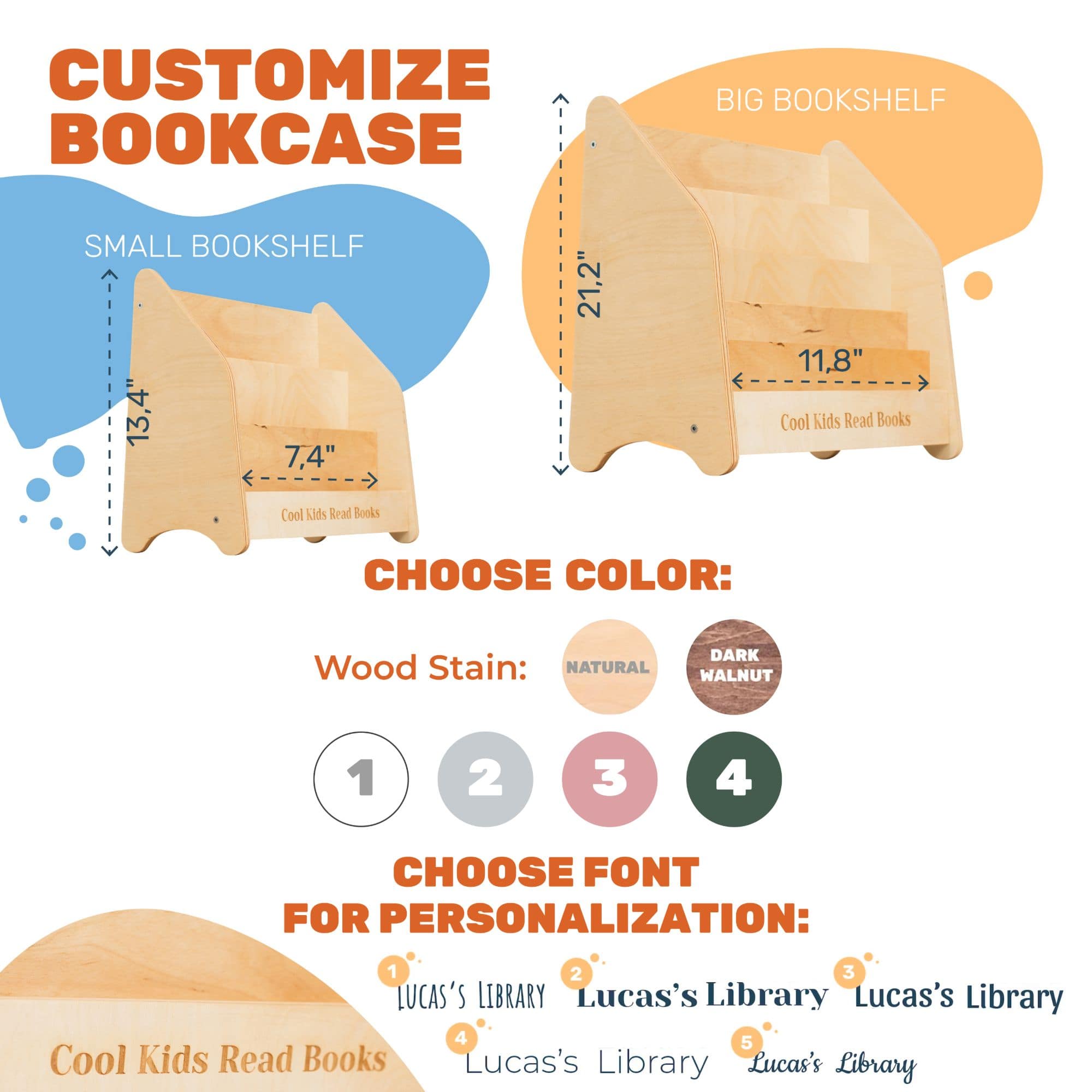 Montessori wooden bookshelf size and color options