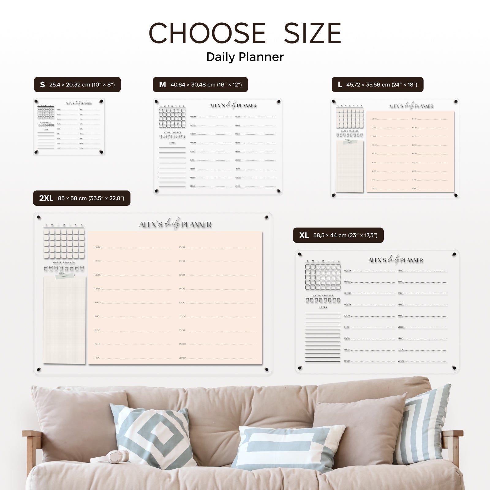 Daily planner sizes displayed above a sofa with decorative pillows.