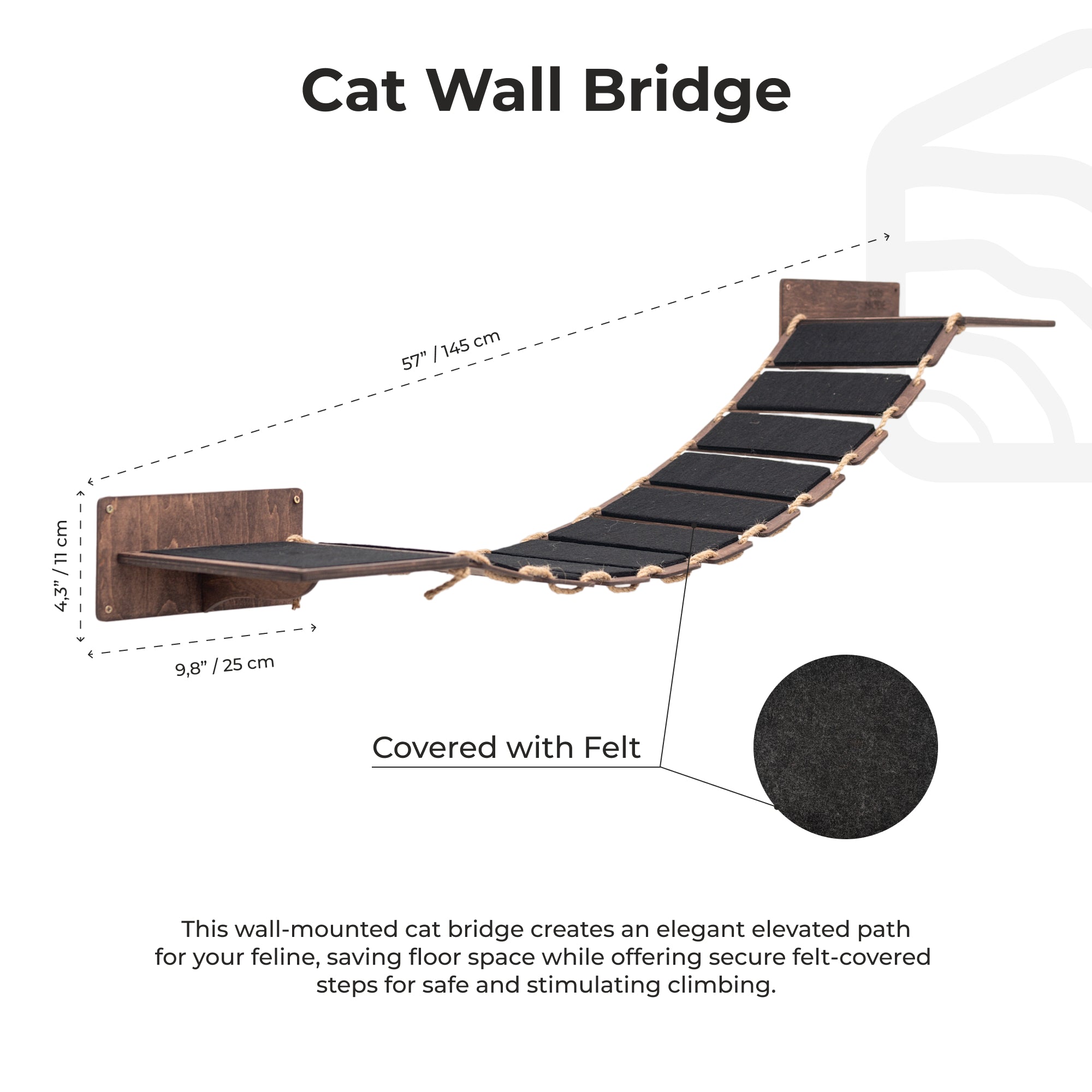 Cat wall bridge with dimensions and felt coverage details on a white background