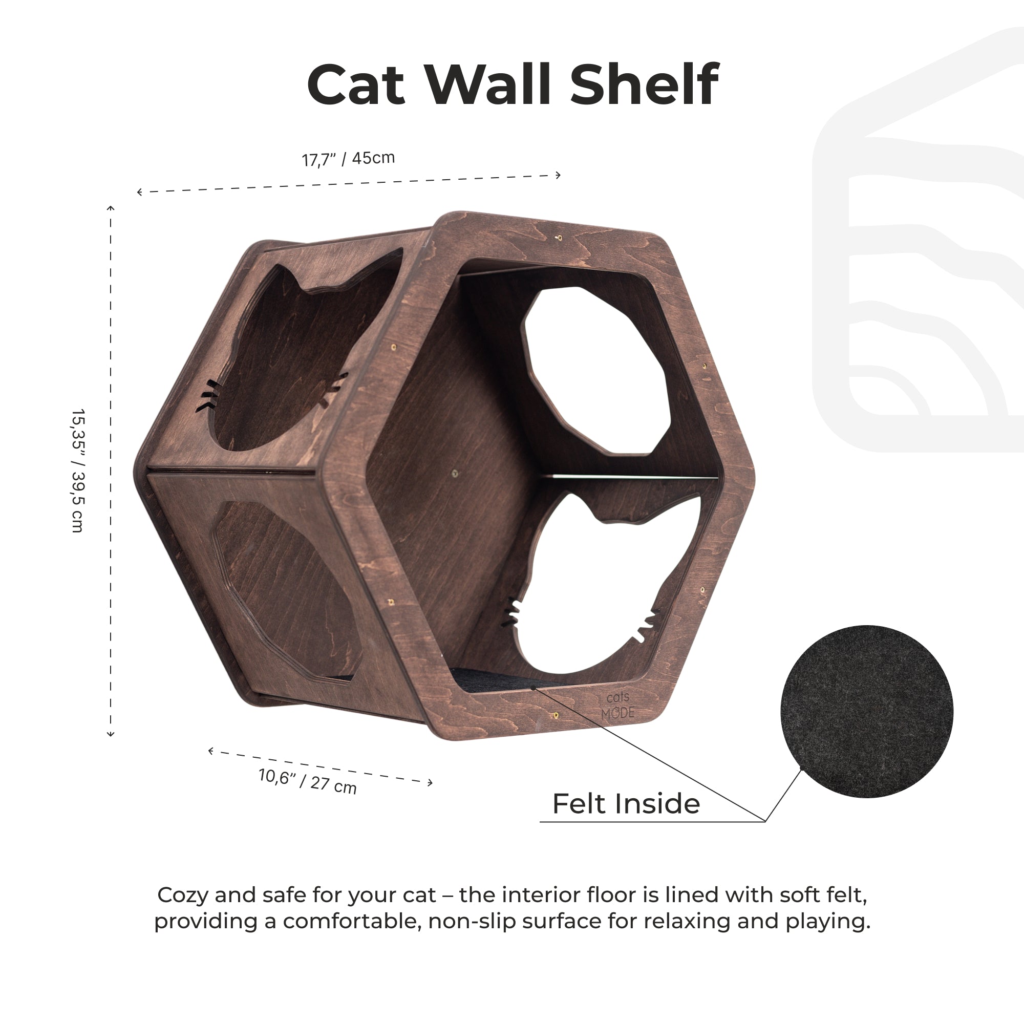 Wooden cat wall shelf with dimensions and felt lining information on a white background