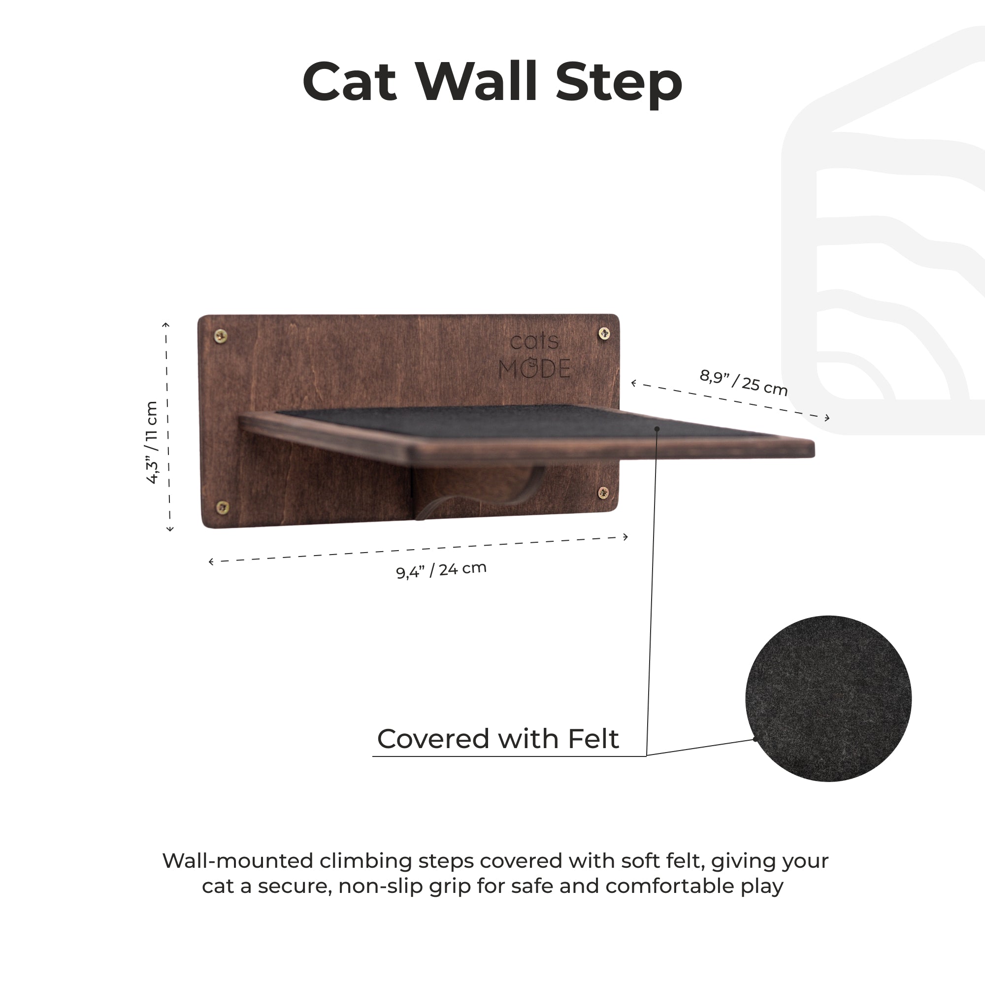 Cat wall step with dimensions and material details on a white background