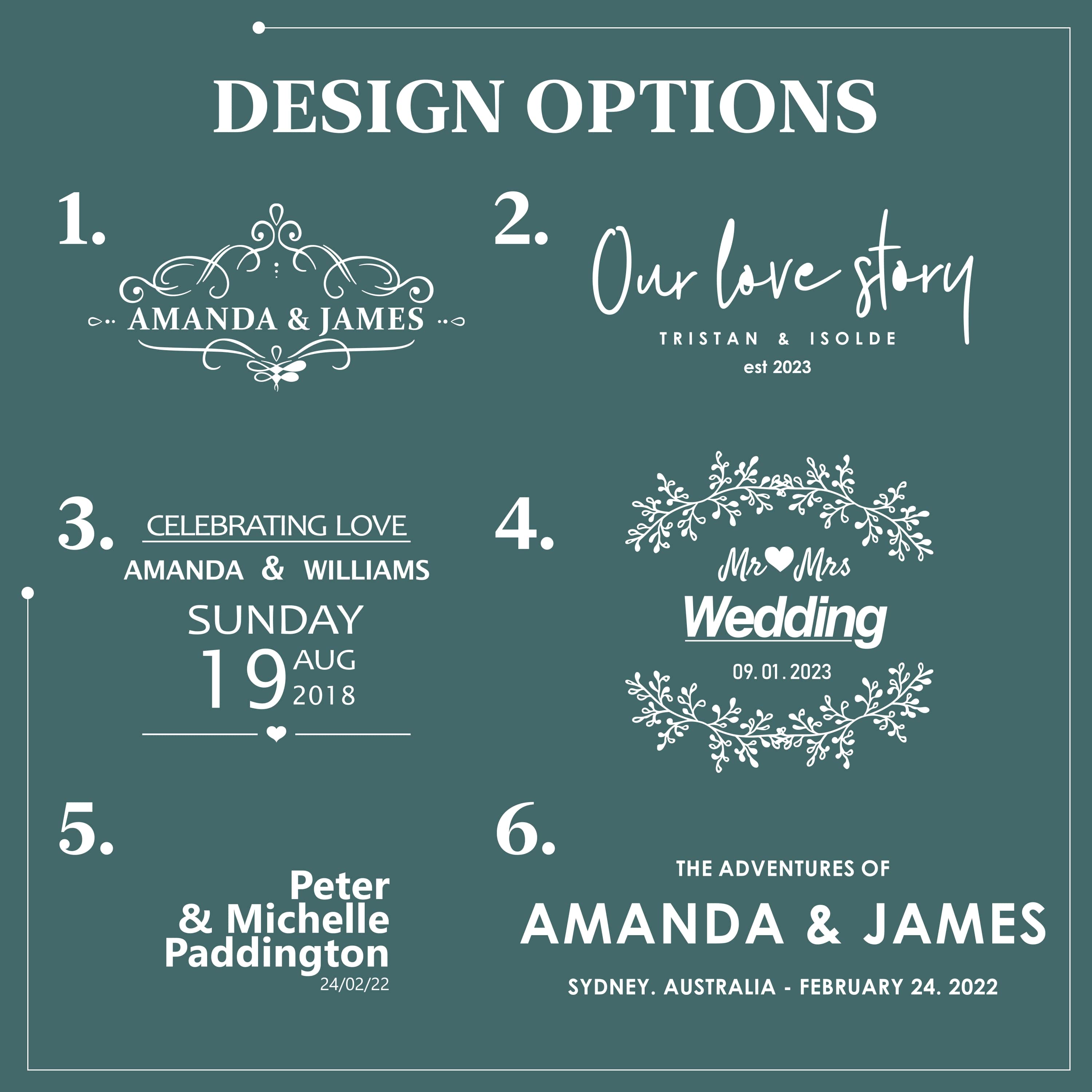 Wedding photo box design options with personalized engraving styles