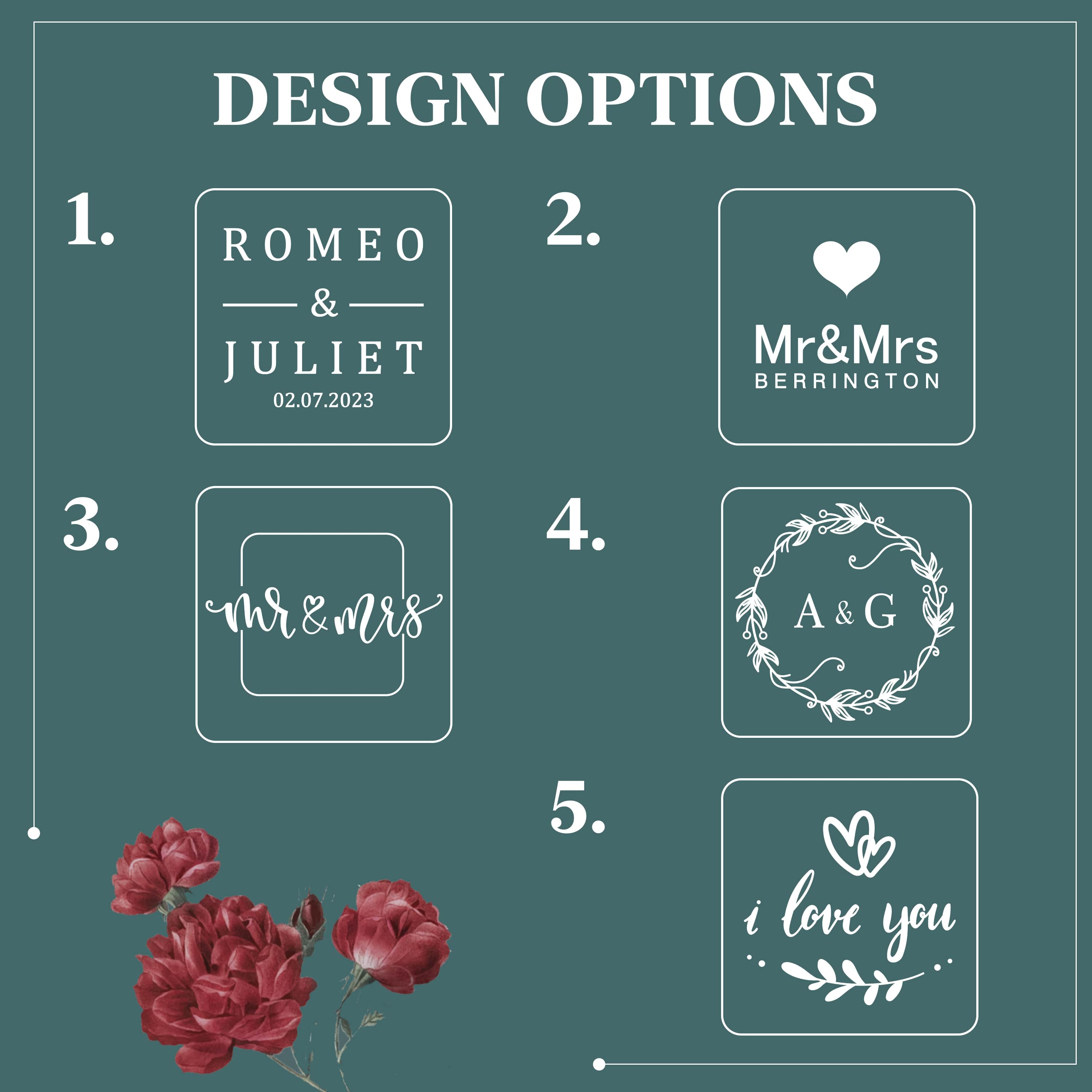 Engraving design options for personalized wooden ring boxes.