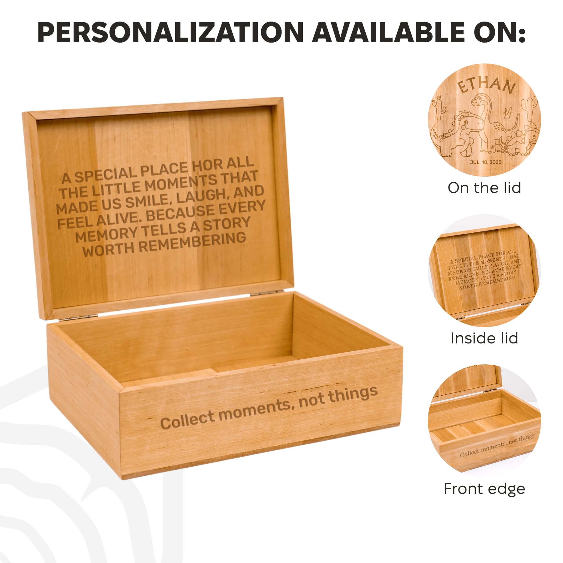 Wooden box with engraved text and personalization options on a white background